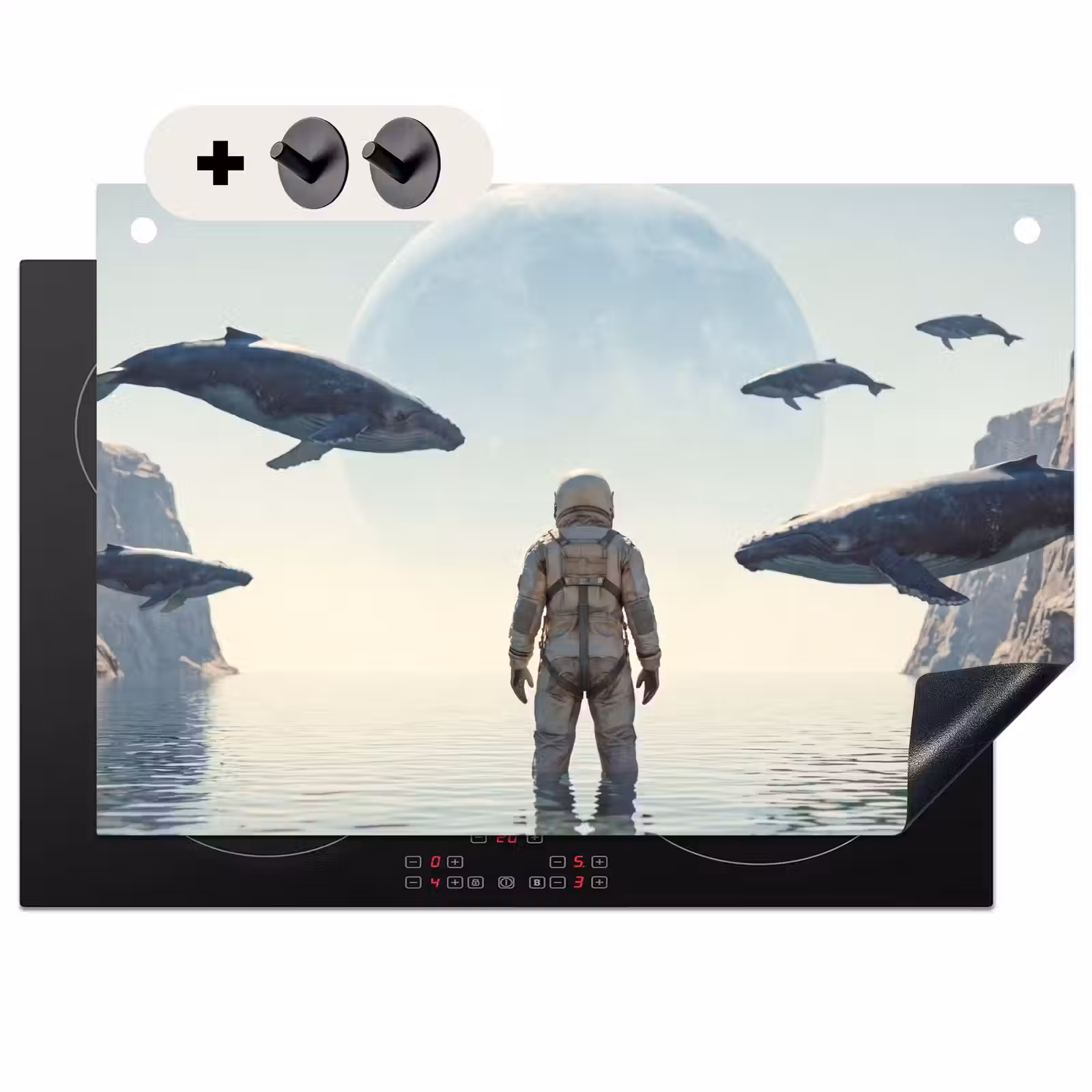 Induction Hob Cover & Splashback (2-in-1) - Astronaut - Whale - Fantasy - Ruimtevaarder - Walvis - Fantasie Inductie beschemer met haakjes klein