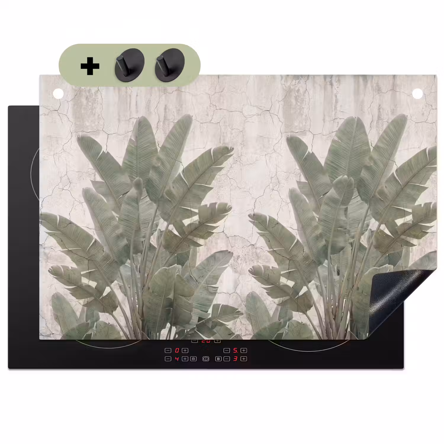 Bananenbladeren - Beton - Groen Inductie beschemer met haakjes klein -3d