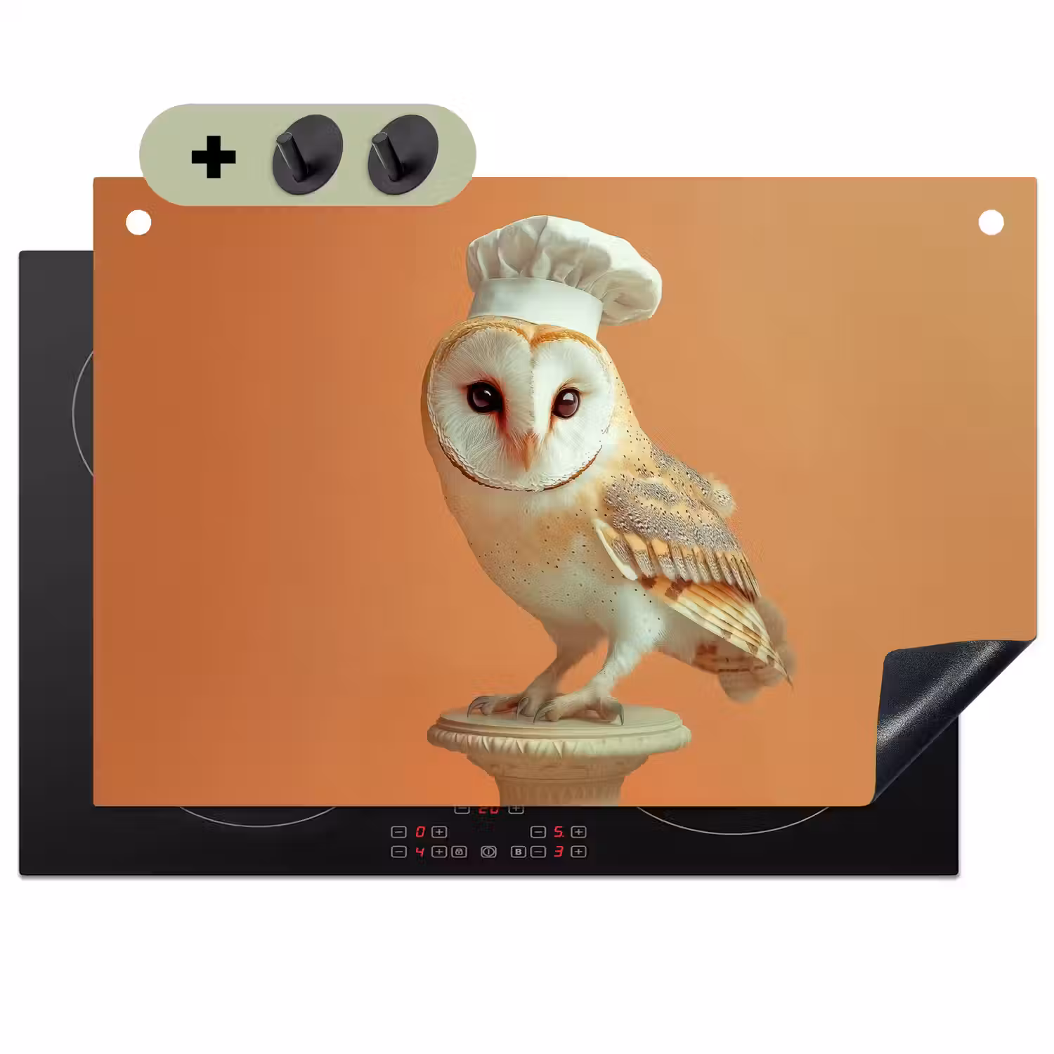 Kerkuil - Koksmuts - Oranje - Vogel Inductie beschemer met haakjes klein -3d