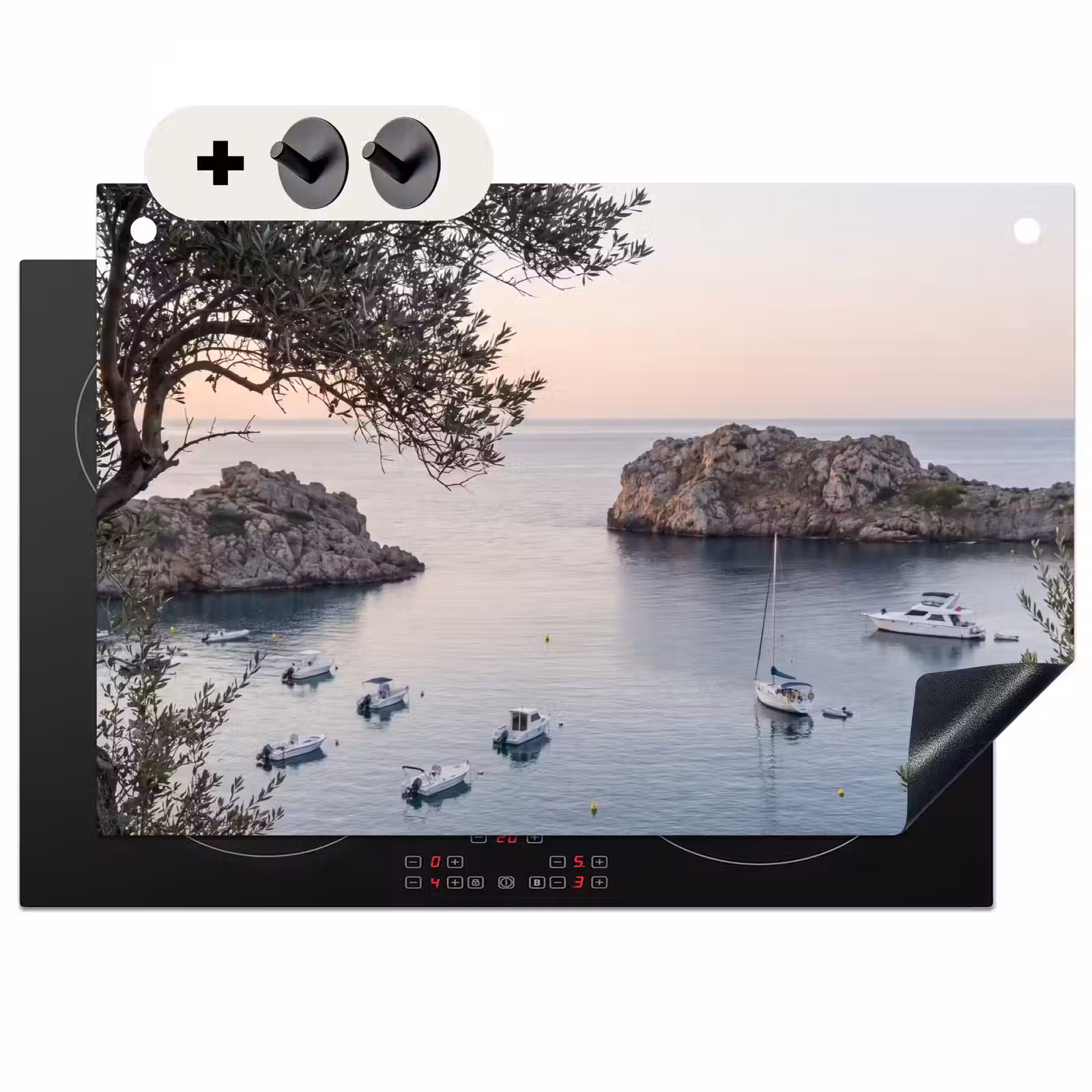 Induction Hob Cover & Splashback (2-in-1) - Bay - boats - sunset - Baai - boten - zonsondergang Inductie beschemer met haakjes klein