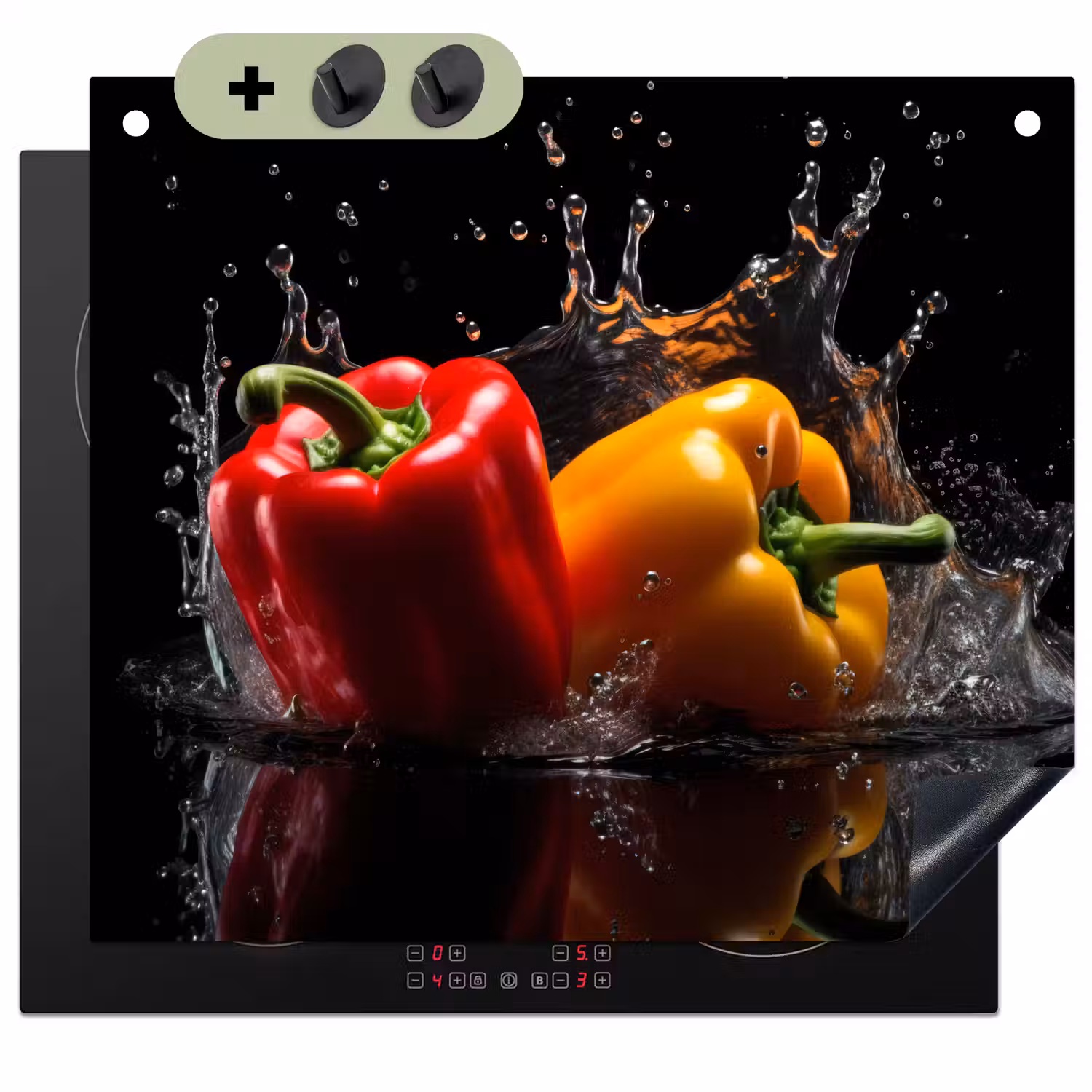 Paprika - Water - Zwart - Groente - Rood - Geel Inductie beschemer met haakjes middel -3d