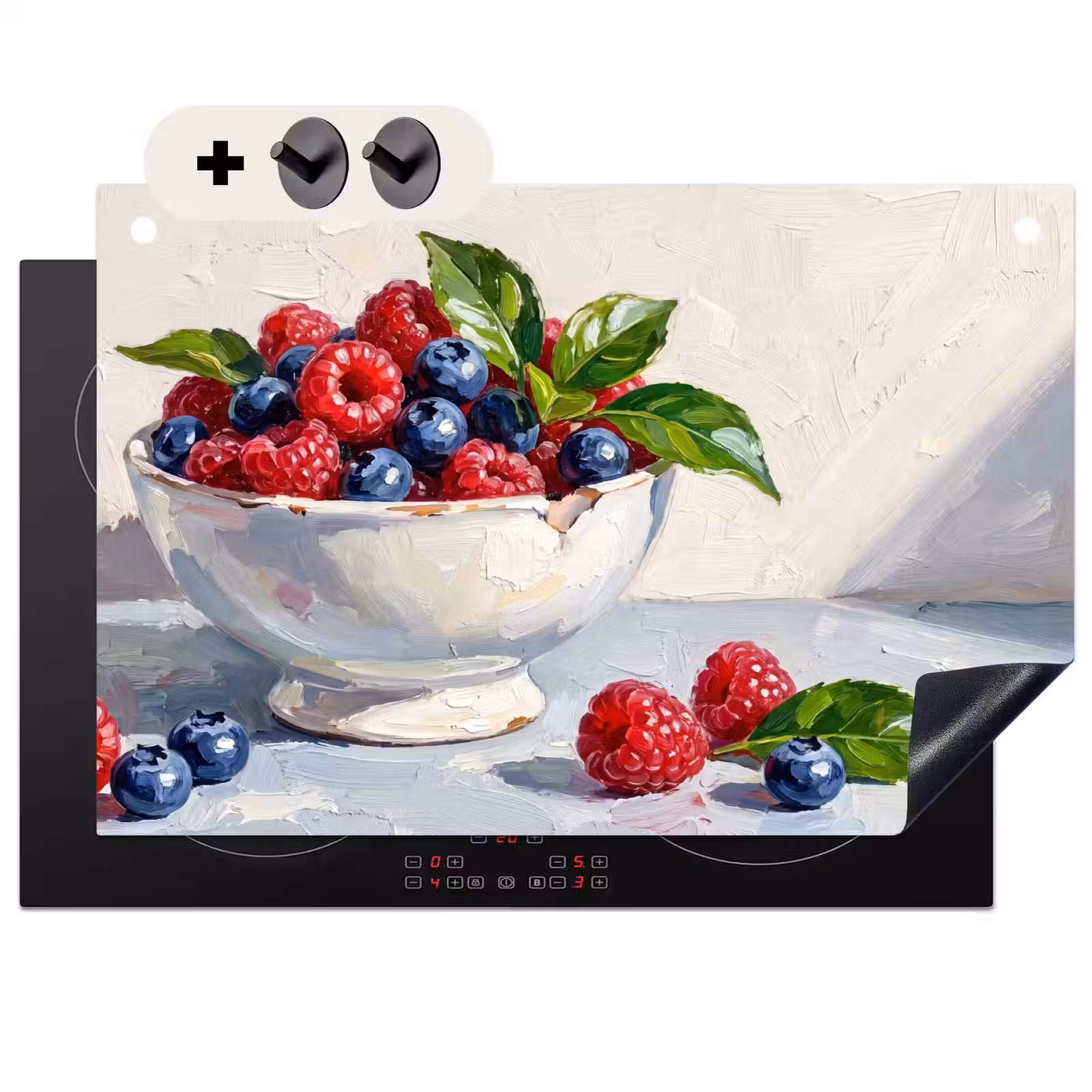 Induction Hob Cover & Splashback (2-in-1) - Berries - Bowl - Food - Bessen - Kom - Eten Inductie beschemer met haakjes klein