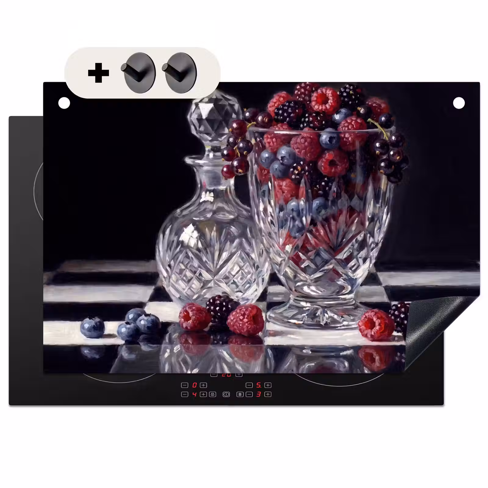 Induction Hob Cover & Splashback (2-in-1) - Berries - Crystal - Still Life - Bessen - Kristal - Stilleven Inductie beschemer met haakjes klein