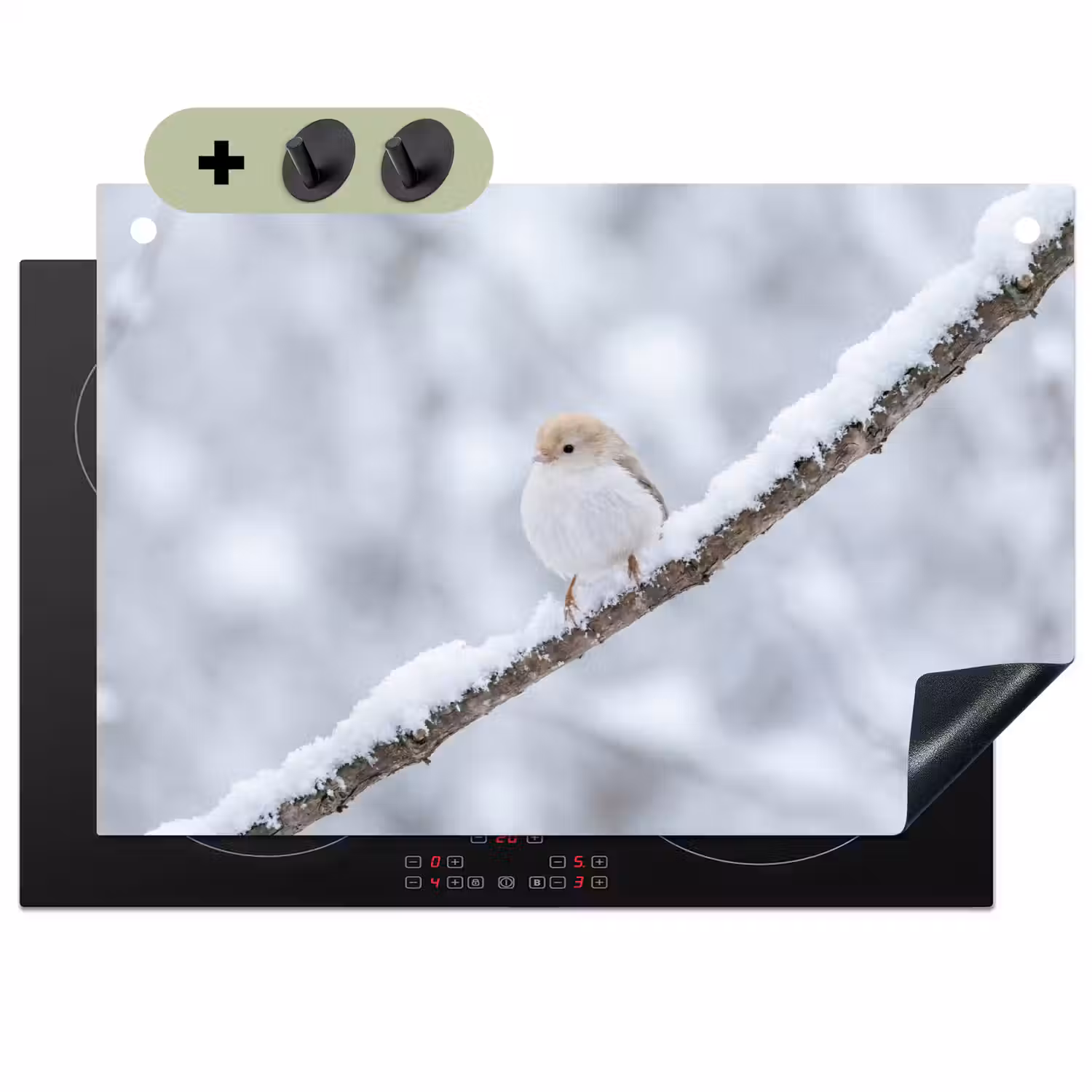 Vogeltje - Sneeuw - Tak - Winter - Zacht Inductie beschemer met haakjes klein -3d