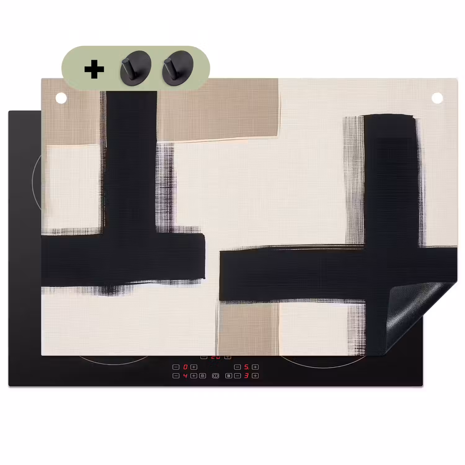 Zwart - Abstract - Japandi Inductie beschemer met haakjes klein -3d
