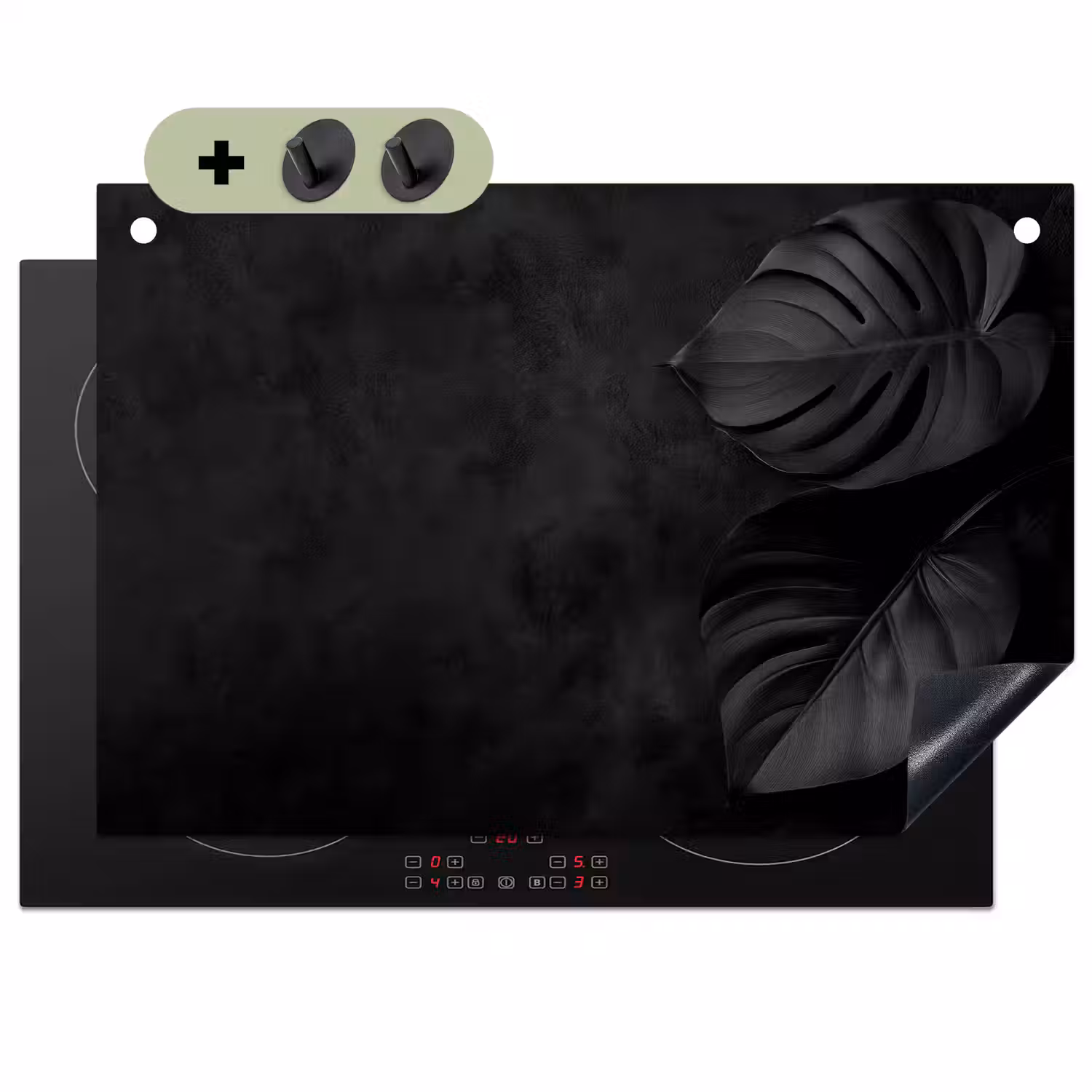Zwart - Blad - Monstera Inductie beschemer met haakjes klein -3d