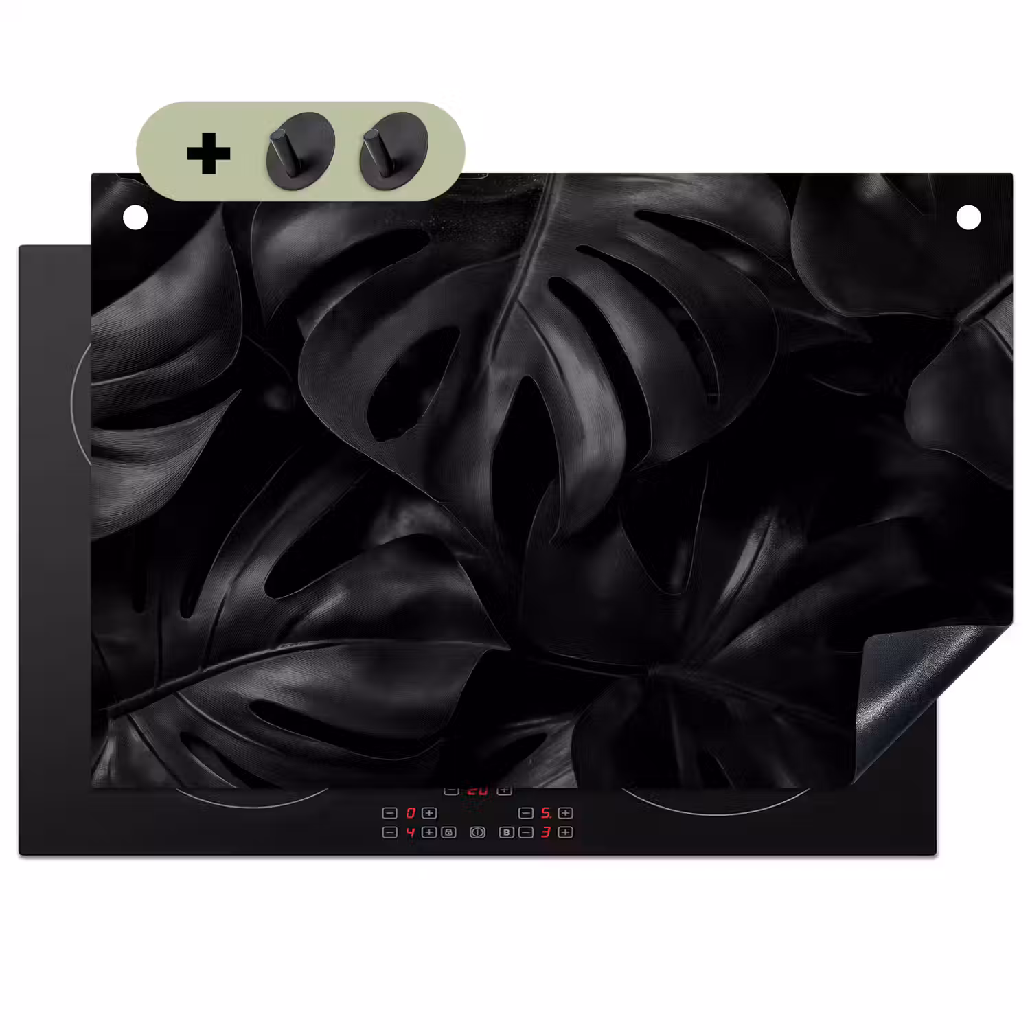 Zwart - Monstera - Bladeren Inductie beschemer met haakjes klein -3d