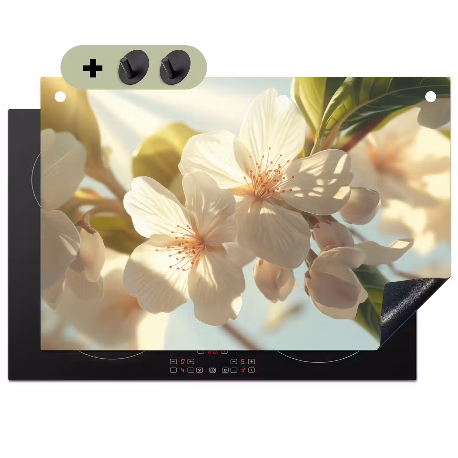 Bloesems - Wit - Zonnestralen - Bloemblaadjes Inductie beschemer met haakjes klein -3d