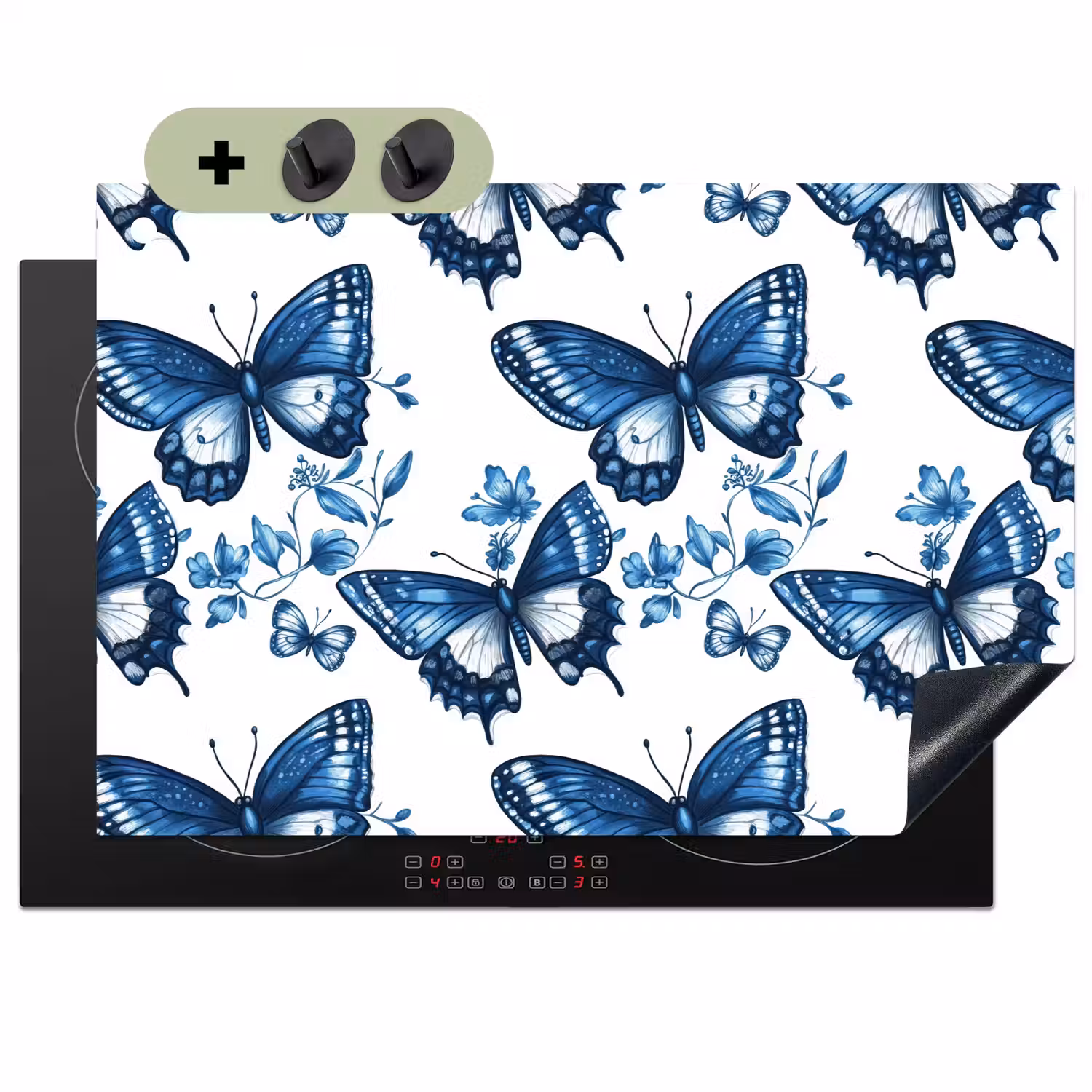 Blauw - Vlinders - Bloemen - Wit Inductie beschemer met haakjes klein 777 -3d