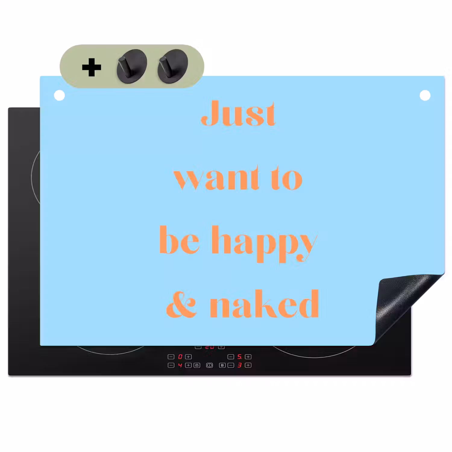 Blauw - Oranje - Just want to be happy & naked Inductie beschemer met haakjes klein -3d