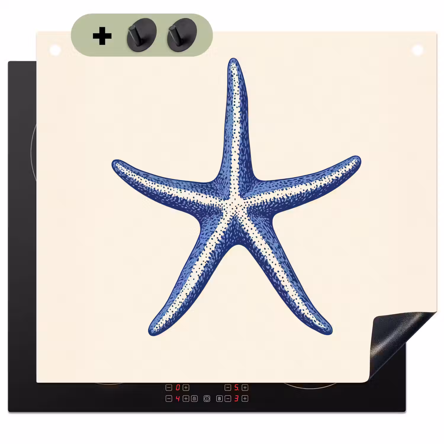 Blauwe zeester - Minimalistisch - Beige Inductie beschemer met haakjes middel -3d