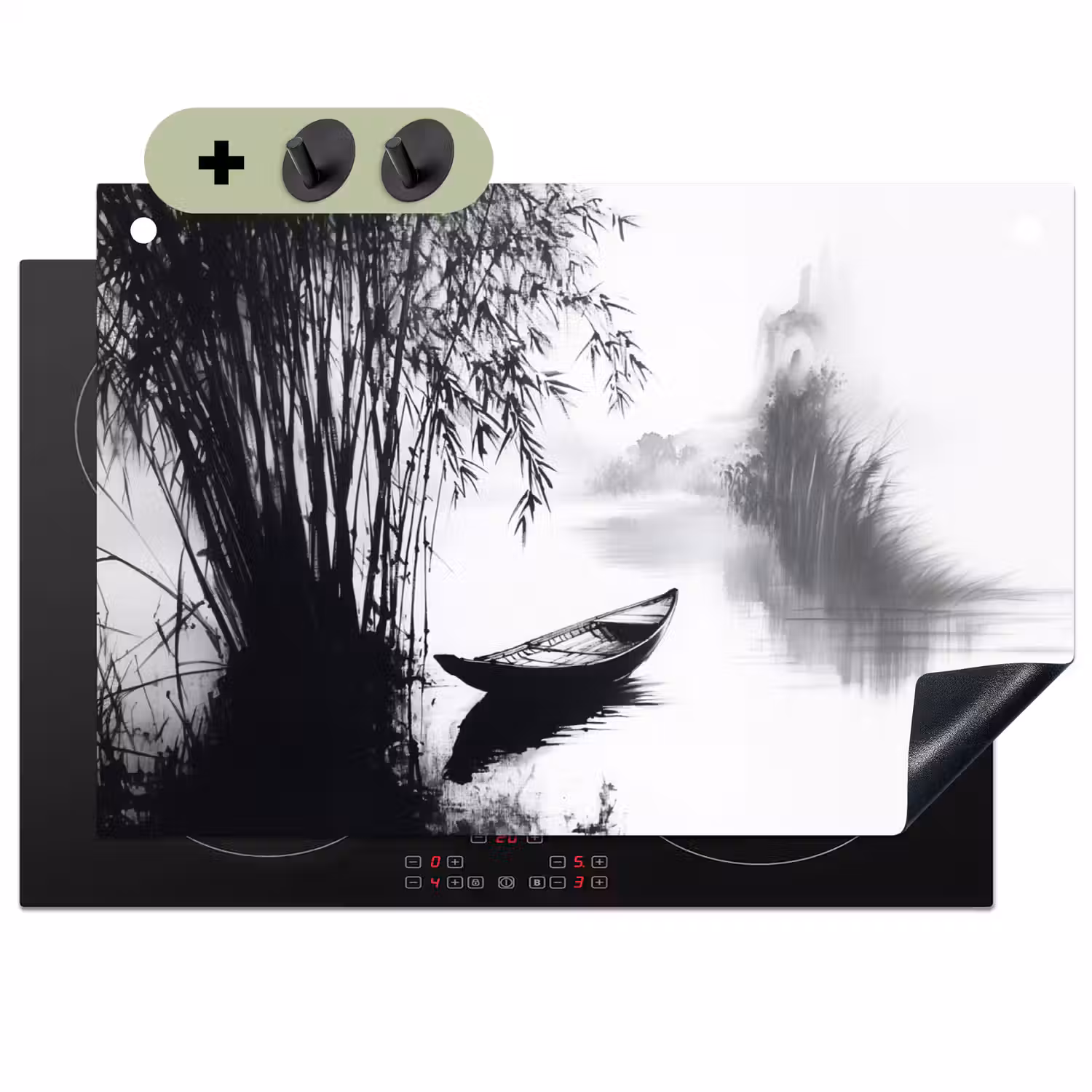 Boot - Rivier - Bamboe - Wit Inductie beschemer met haakjes klein -3d