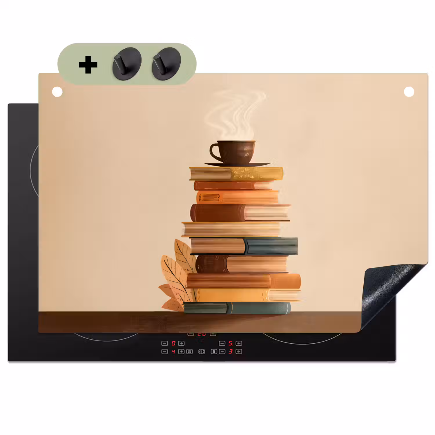 Boeken - Toren - Koffie - Beige Inductie beschemer met haakjes klein -3d