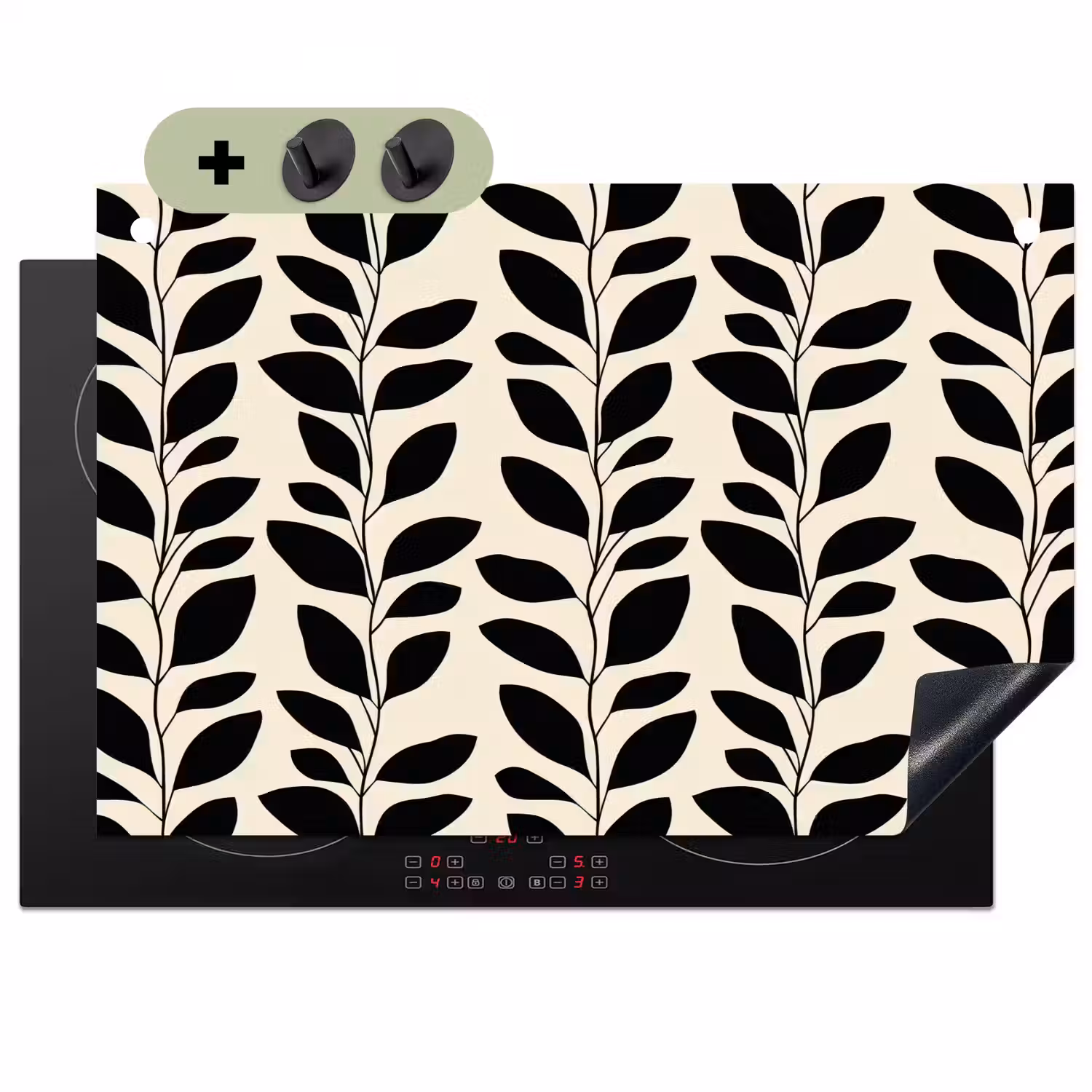 Botanisch - Dessin - Zwart - Beige Inductie beschemer met haakjes klein 777 -3d