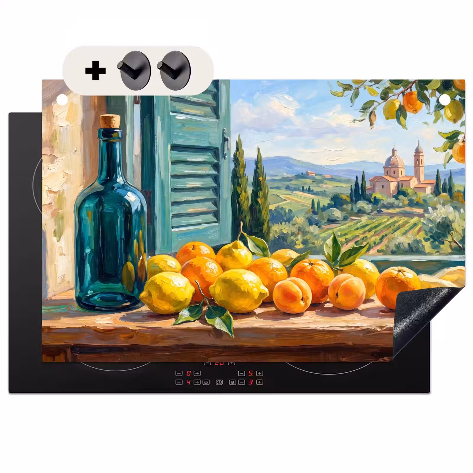 Induction Hob Cover & Splashback (2-in-1) - Bottle - Fruit - Still Life - Fles - Fruit - Stilleven Inductie beschemer met haakjes klein
