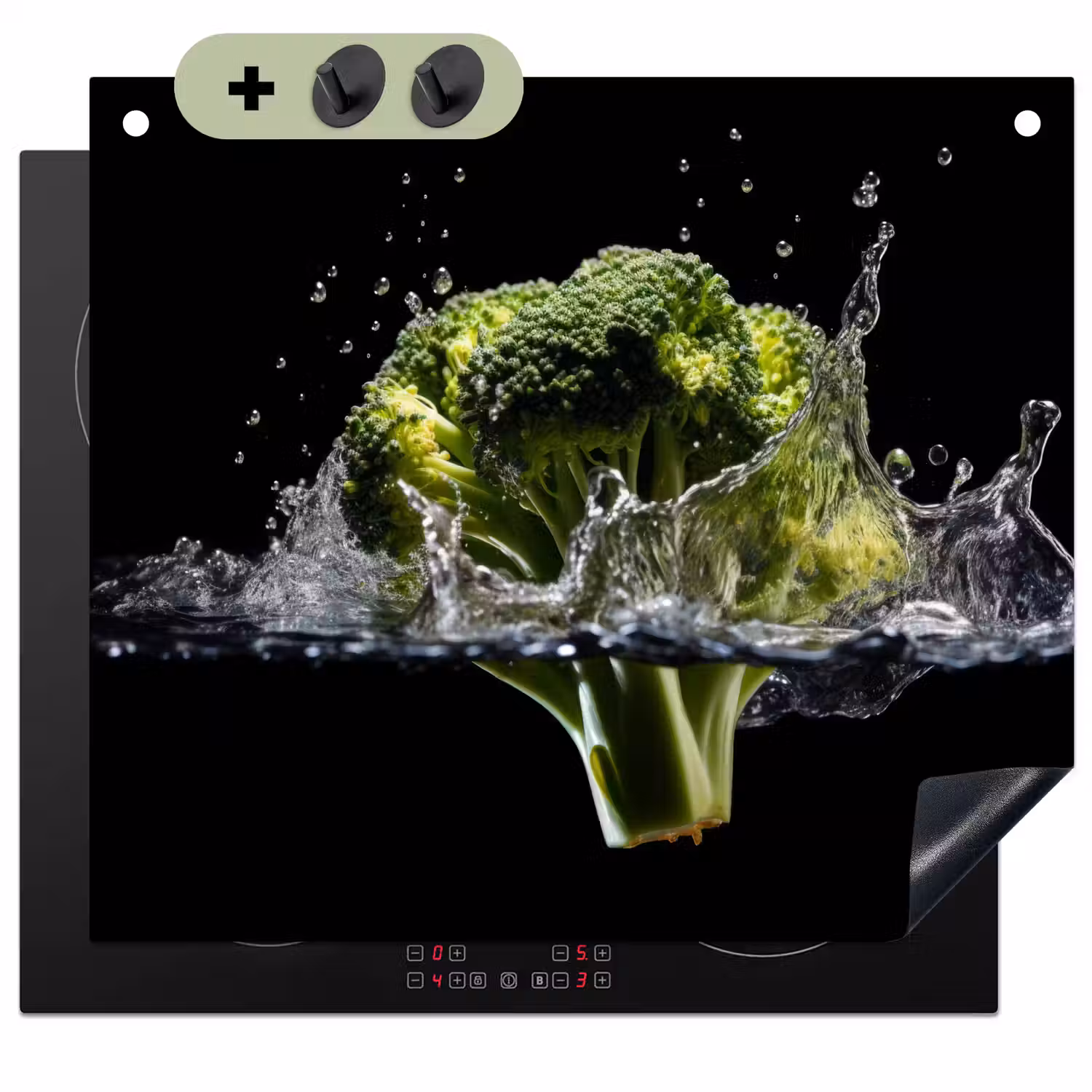 Broccoli - Groen - Water - Zwart Inductie beschemer met haakjes middel -3d