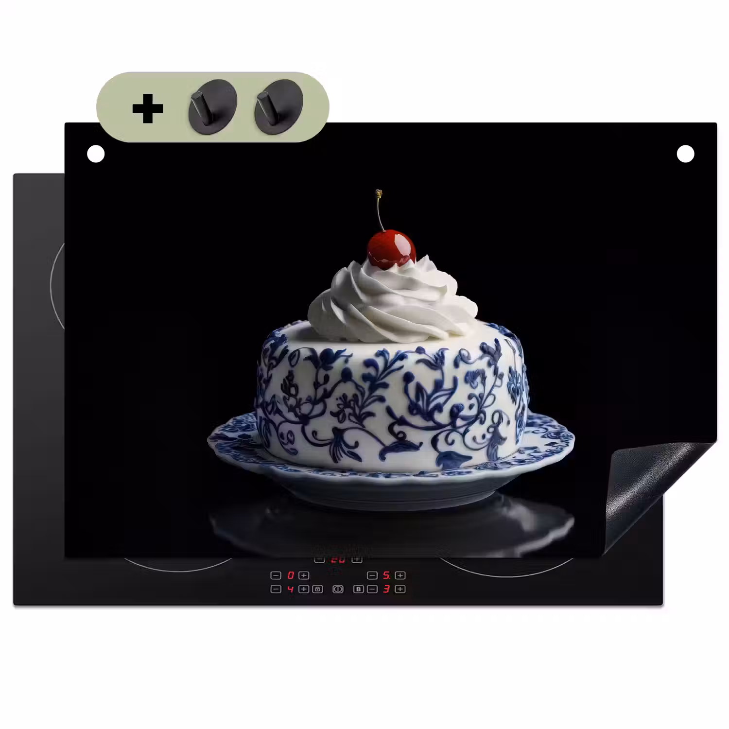 Taart - Slagroom - Kers - Bord - Delfts blauw Inductie beschemer met haakjes klein -3d