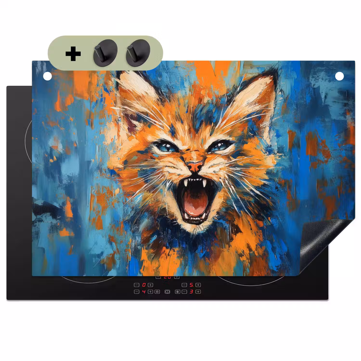 Kat - Kleurrijk - Oranje - Blauw Inductie beschemer met haakjes klein -3d