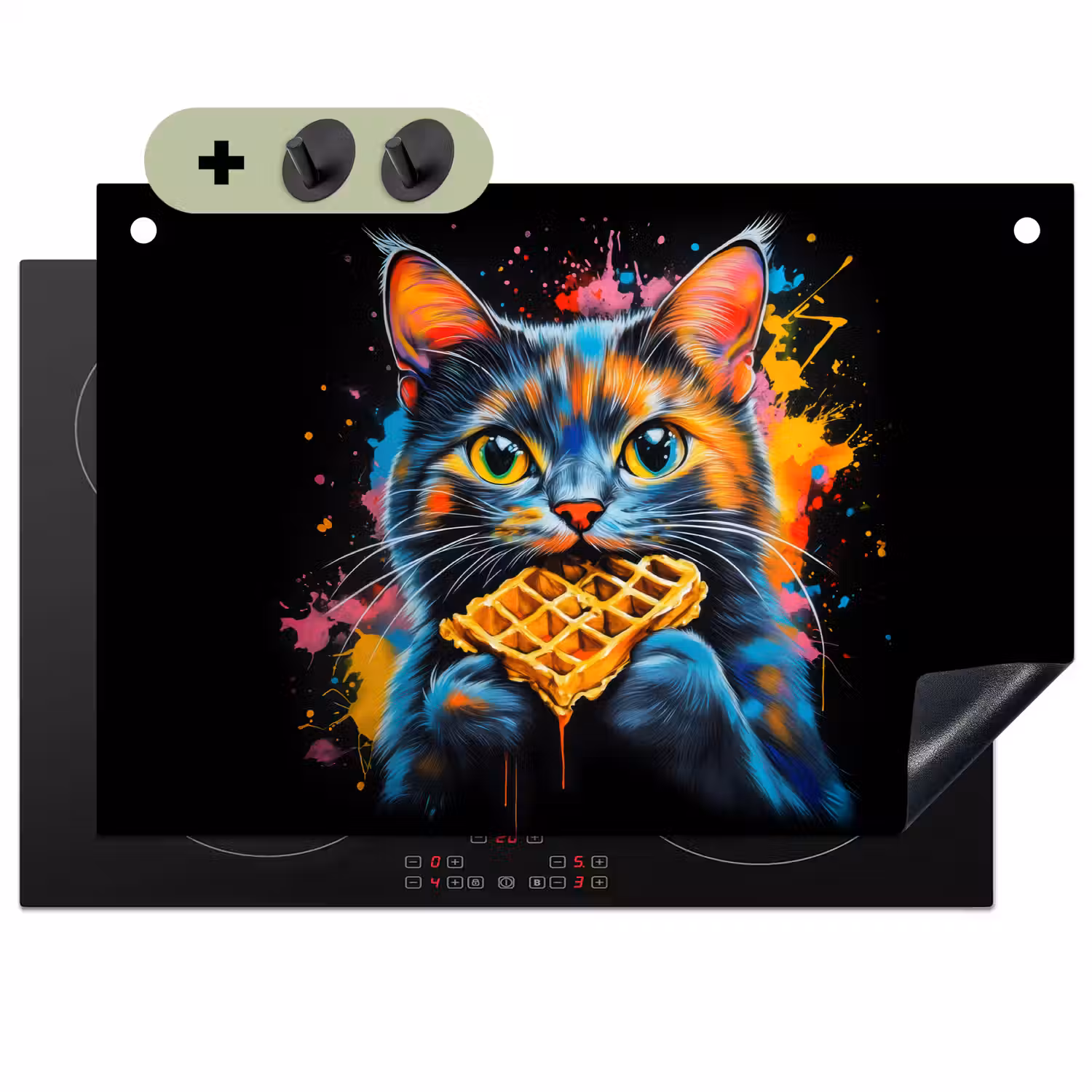 Kat - Graffiti - Kleurrijk - Wafel - Eten Inductie beschemer met haakjes klein -3d