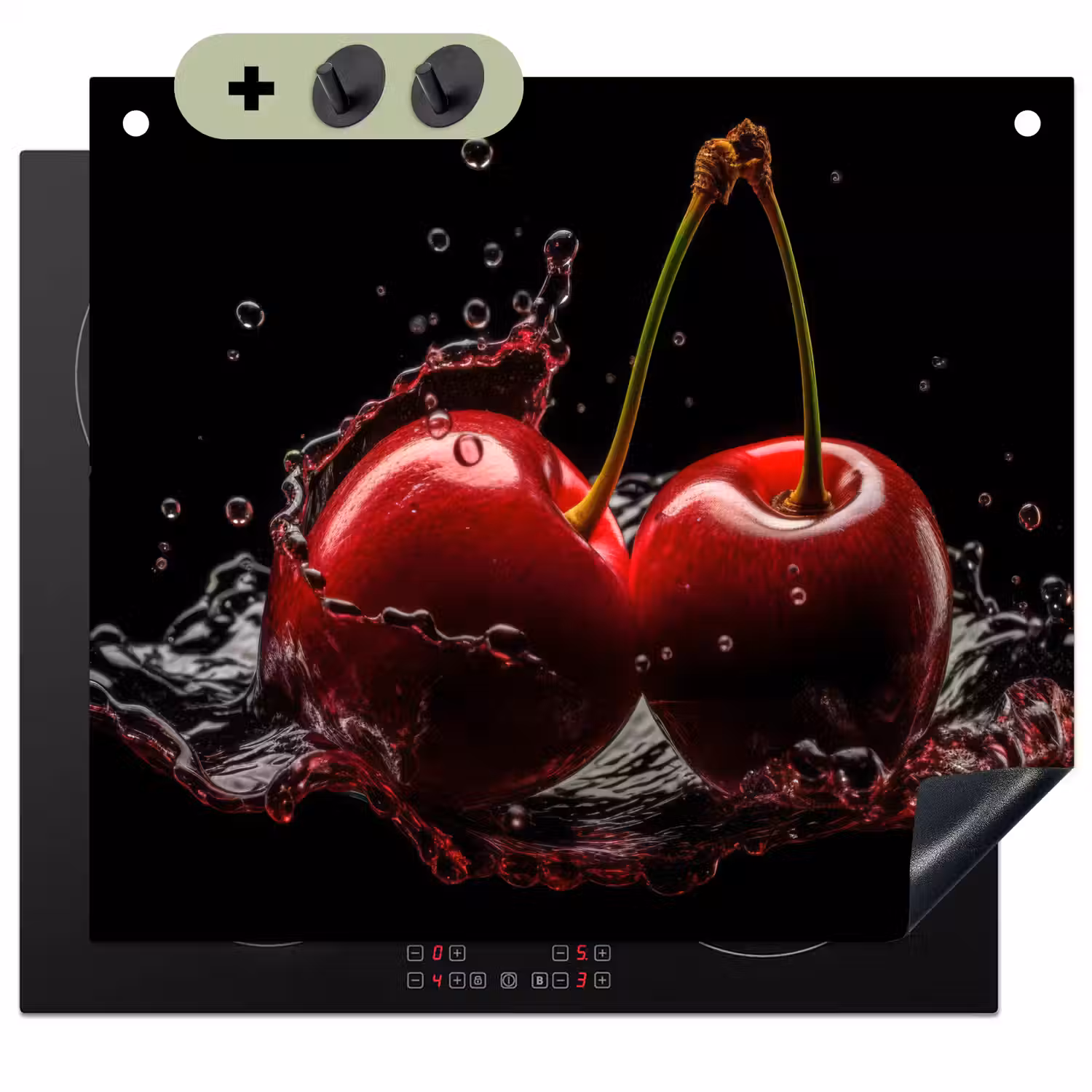 Kersen - Rood - Fruit - Water - Zwart Inductie beschemer met haakjes middel -3d
