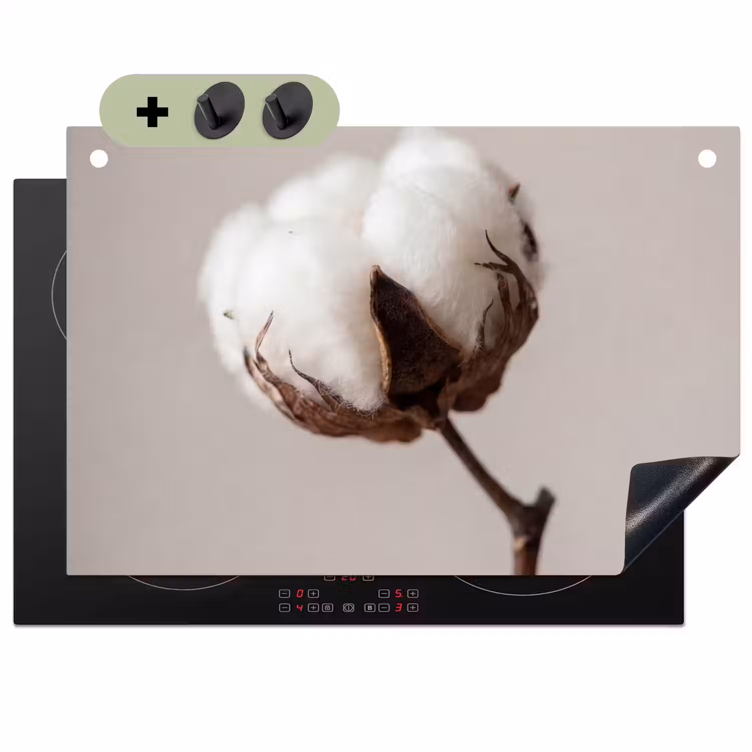 Katoenbol - Minimalistisch - Wit Inductie beschemer met haakjes klein -3d