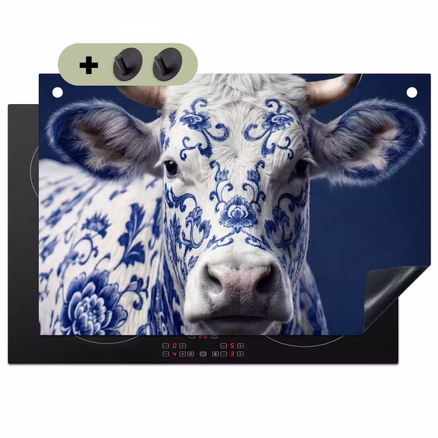 Koe - Delfts - Blauw - Artistiek Inductie beschemer met haakjes klein -3d