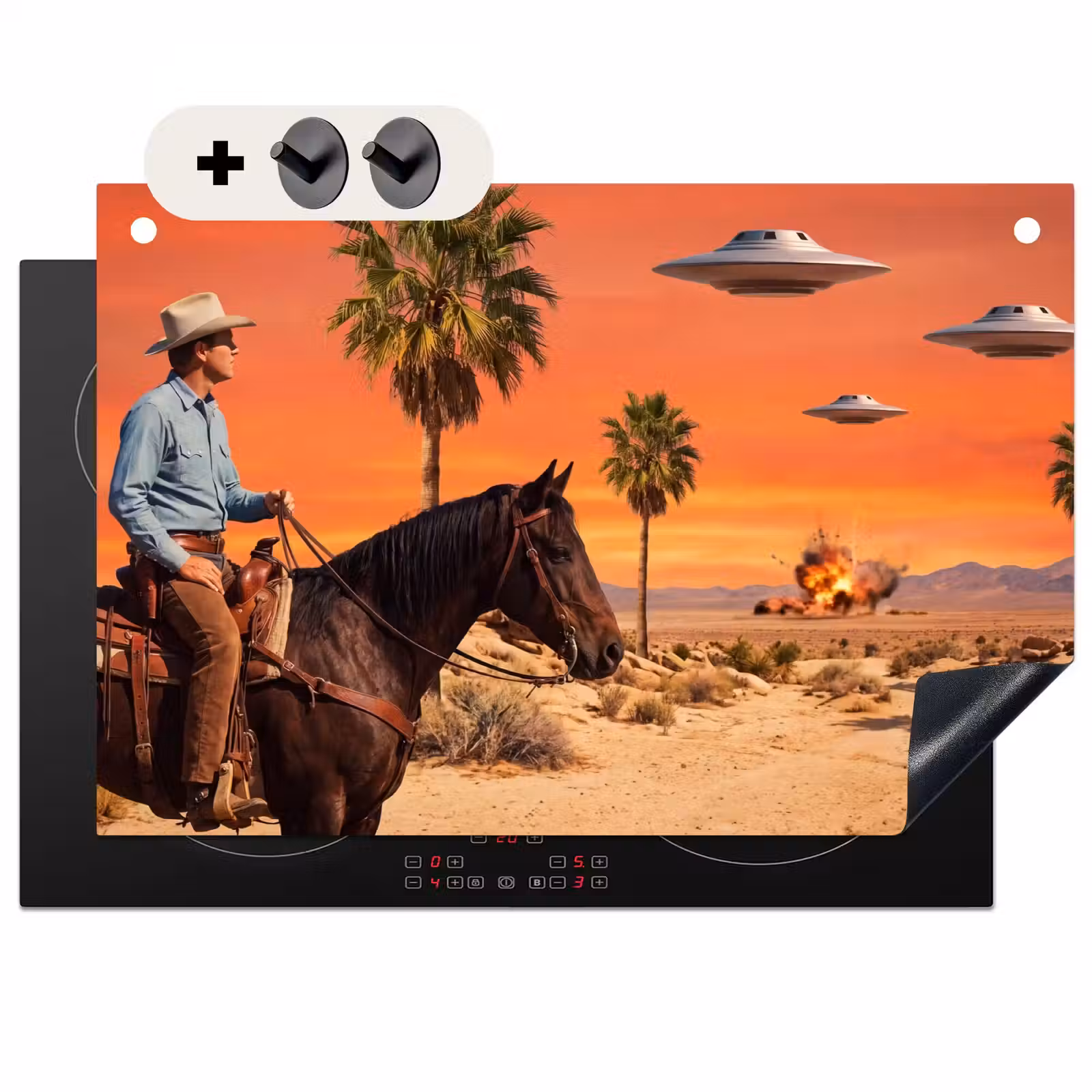 Induction Hob Cover & Splashback (2-in-1) - Cowboy - Horse - Desert - Cowboy - Paard - Woestijn Inductie beschemer met haakjes klein