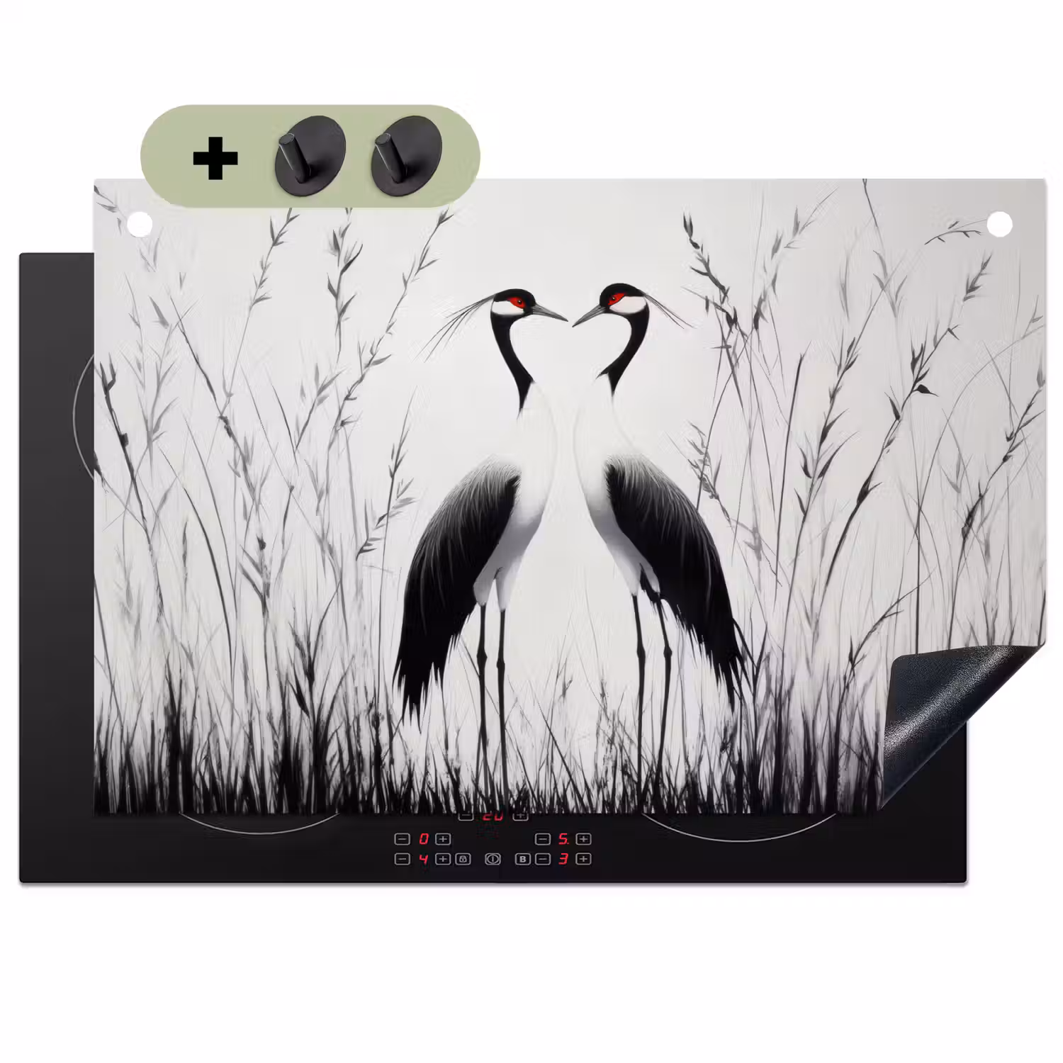 Kraanvogels - Gras - Hartvorm - Zwart Inductie beschemer met haakjes klein -3d