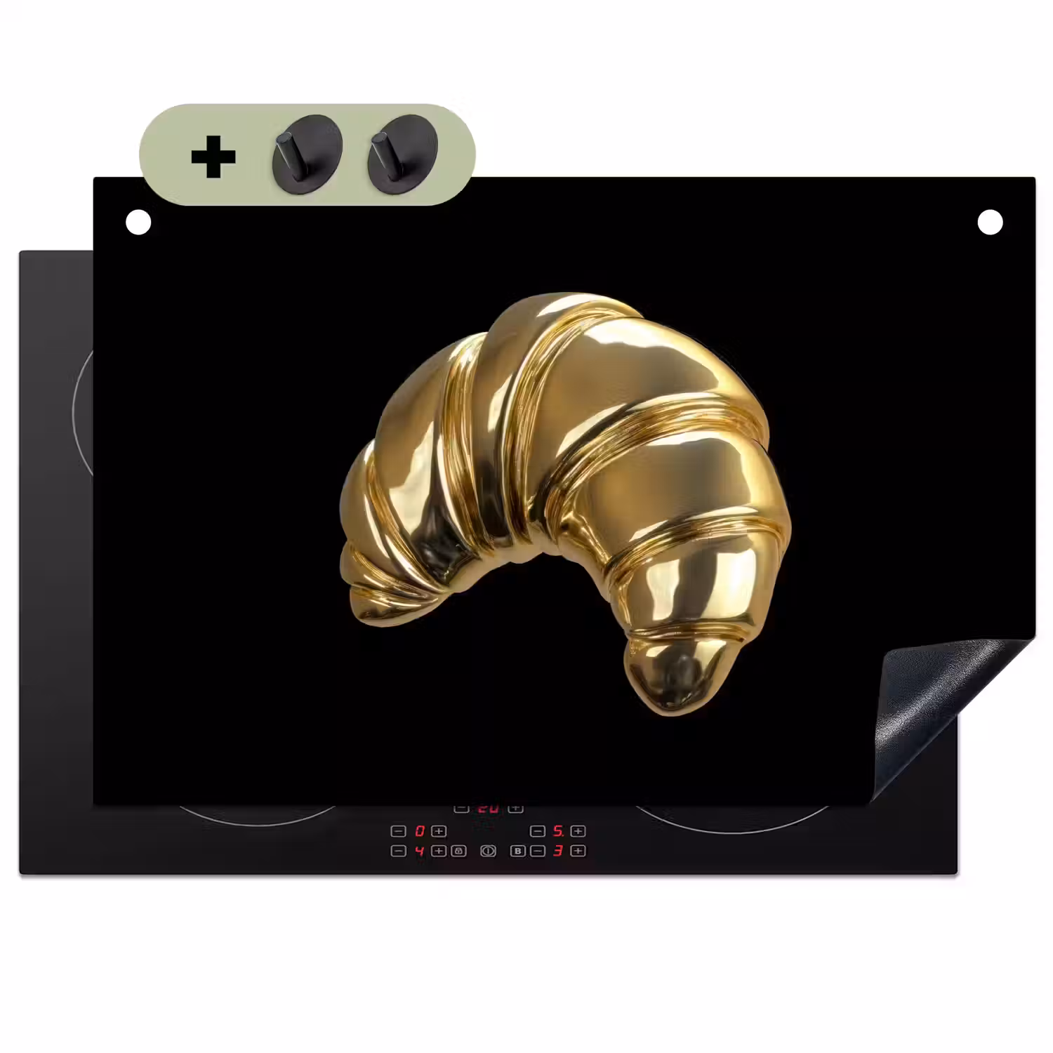 Croissant - Brood - Goud - Zwart Inductie beschemer met haakjes klein -3d