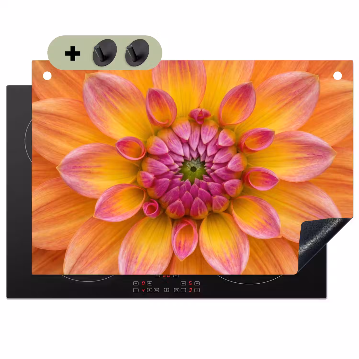 Dahlia - Bloem - Oranje Inductie beschemer met haakjes klein -3d
