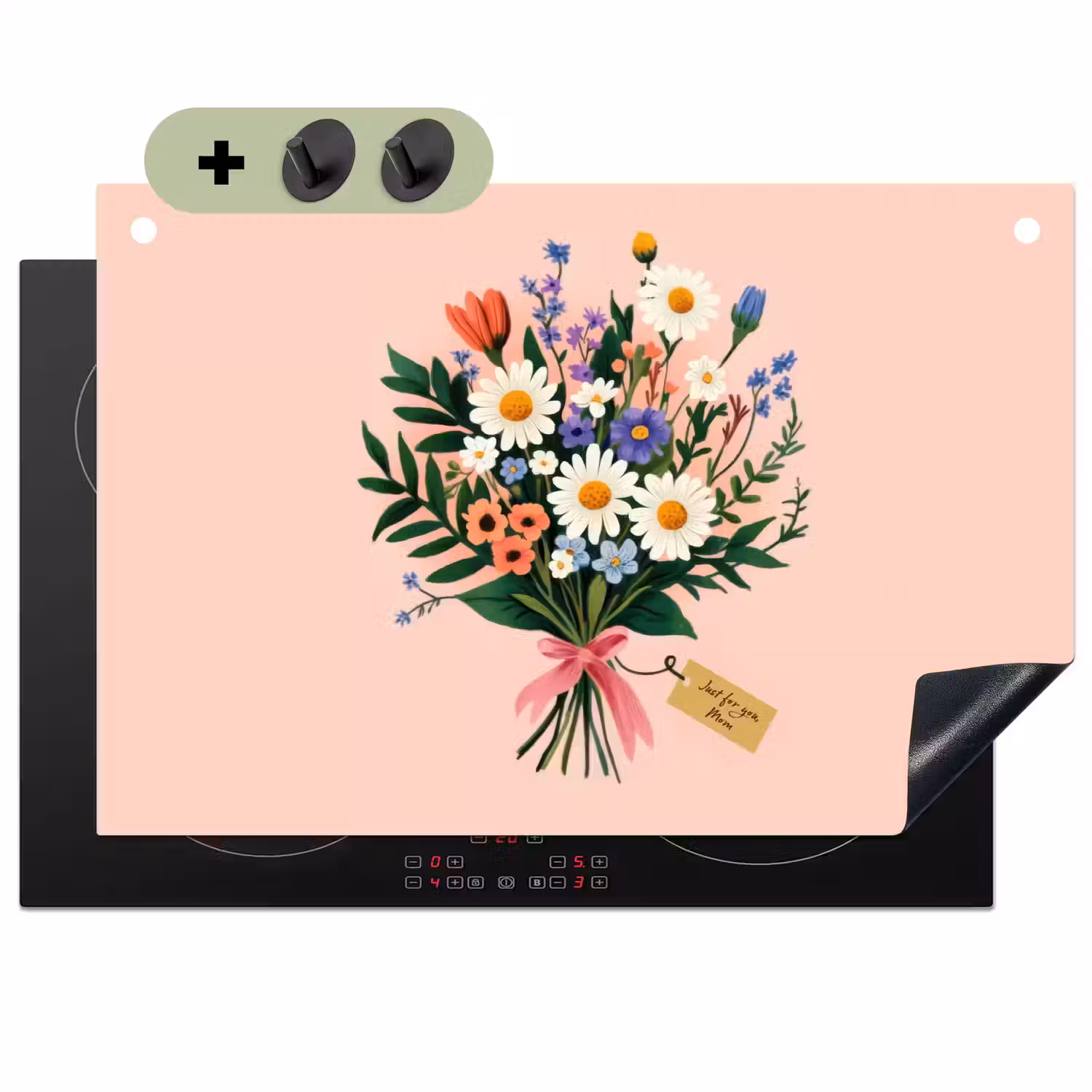 Margrieten - Boeket - Strikje - Roze Inductie beschemer met haakjes klein -3d