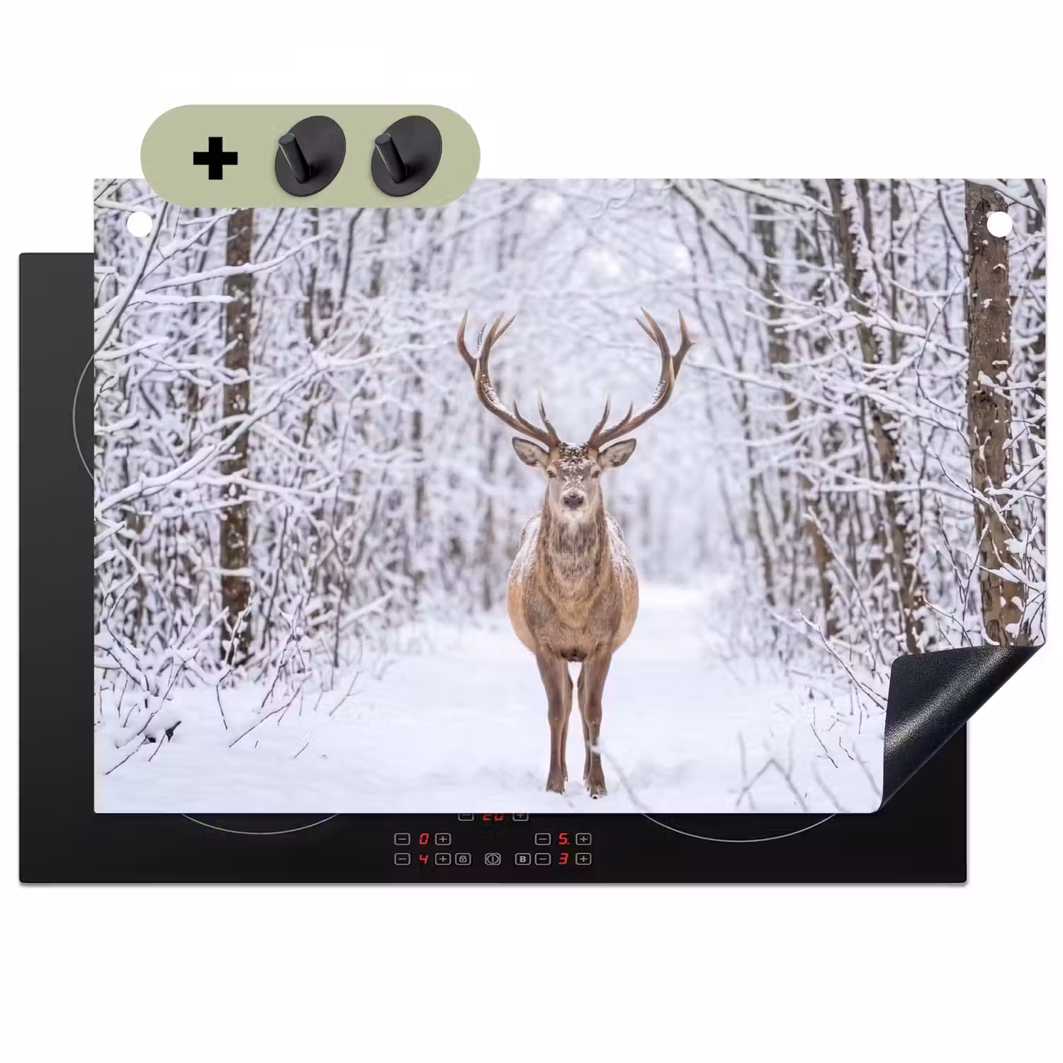Hert - Winter - Bos - Natuur - Wit Inductie beschemer met haakjes klein -3d