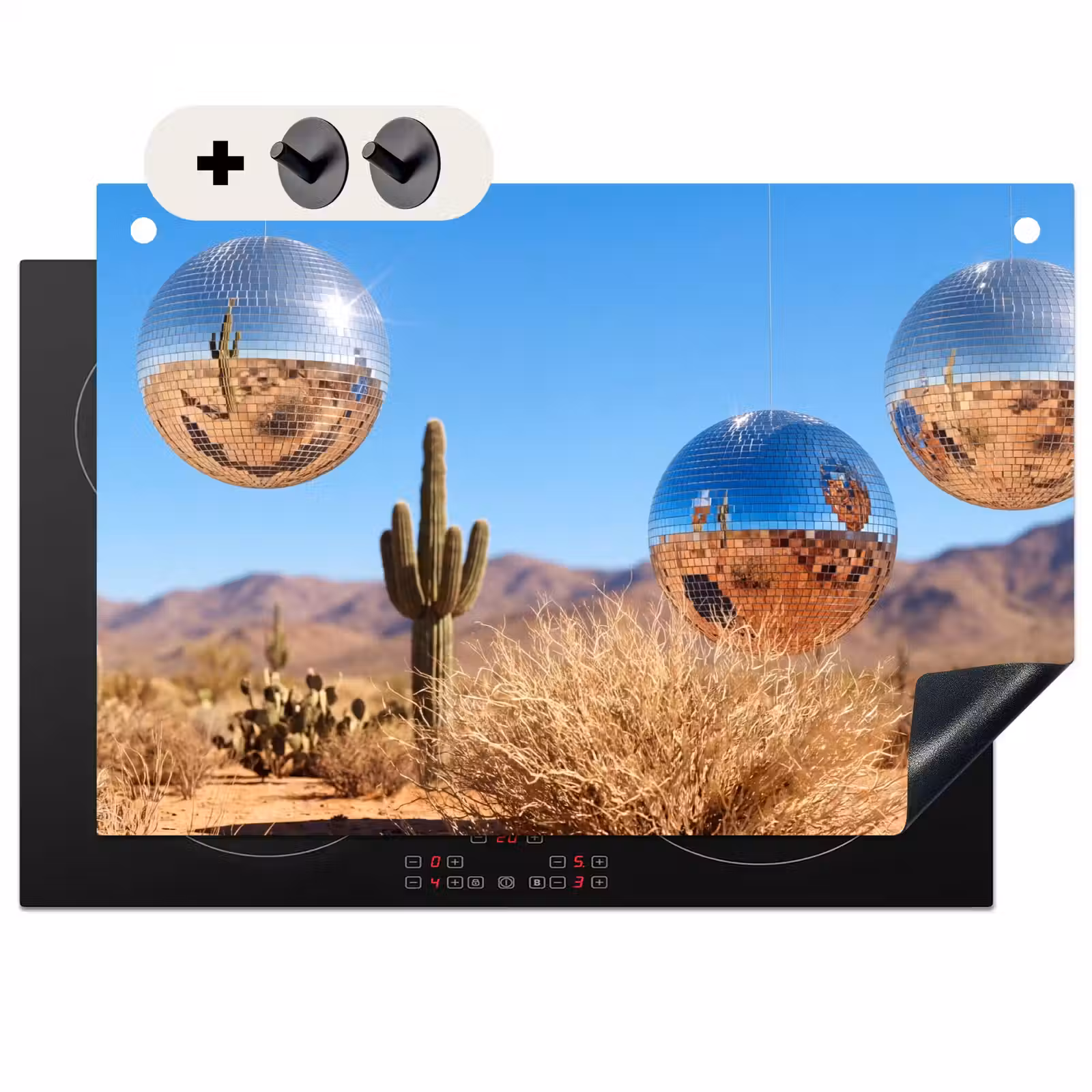 Induction Hob Cover & Splashback (2-in-1) - Desert - Mirror Ball - Art - Woestijn - Spiegelbal - Kunst Inductie beschemer met haakjes klein
