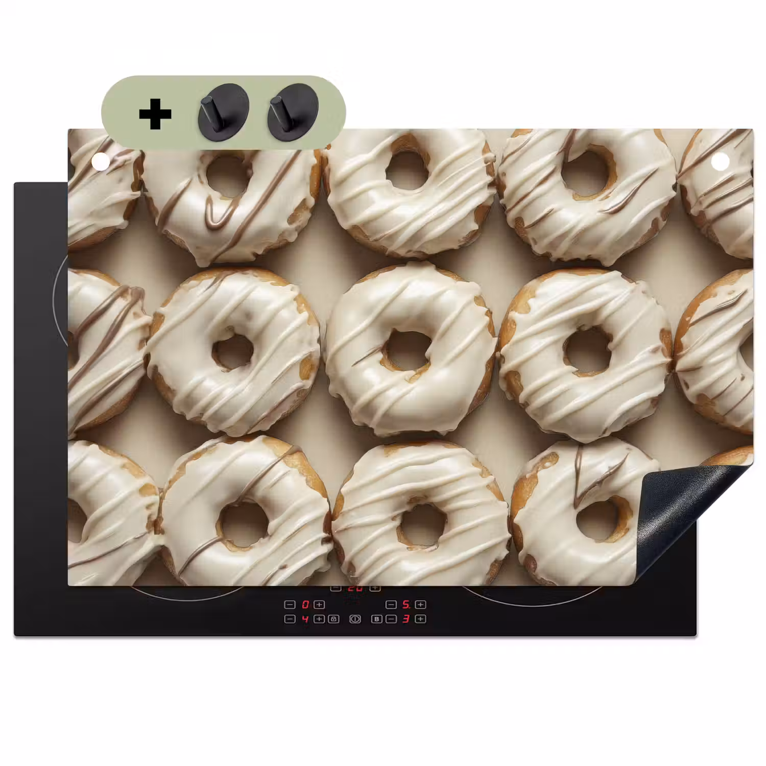 Donuts - Chocolade - Wit - Beige Inductie beschemer met haakjes klein -3d