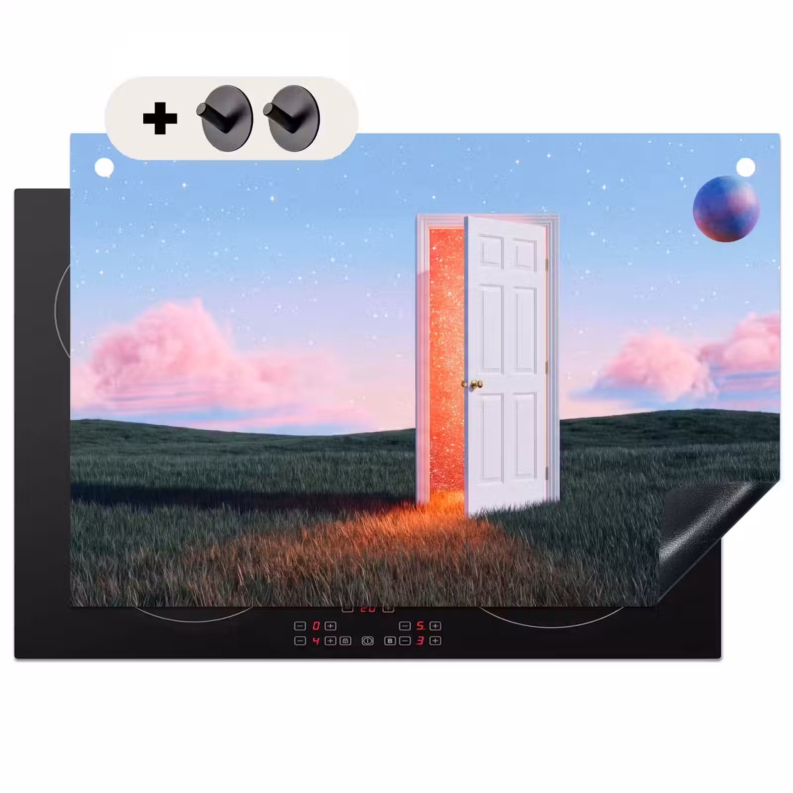 Induction Hob Cover & Splashback (2-in-1) - Door - Fantasy - Space - Deur - Fantasie - Ruimte Inductie beschemer met haakjes klein