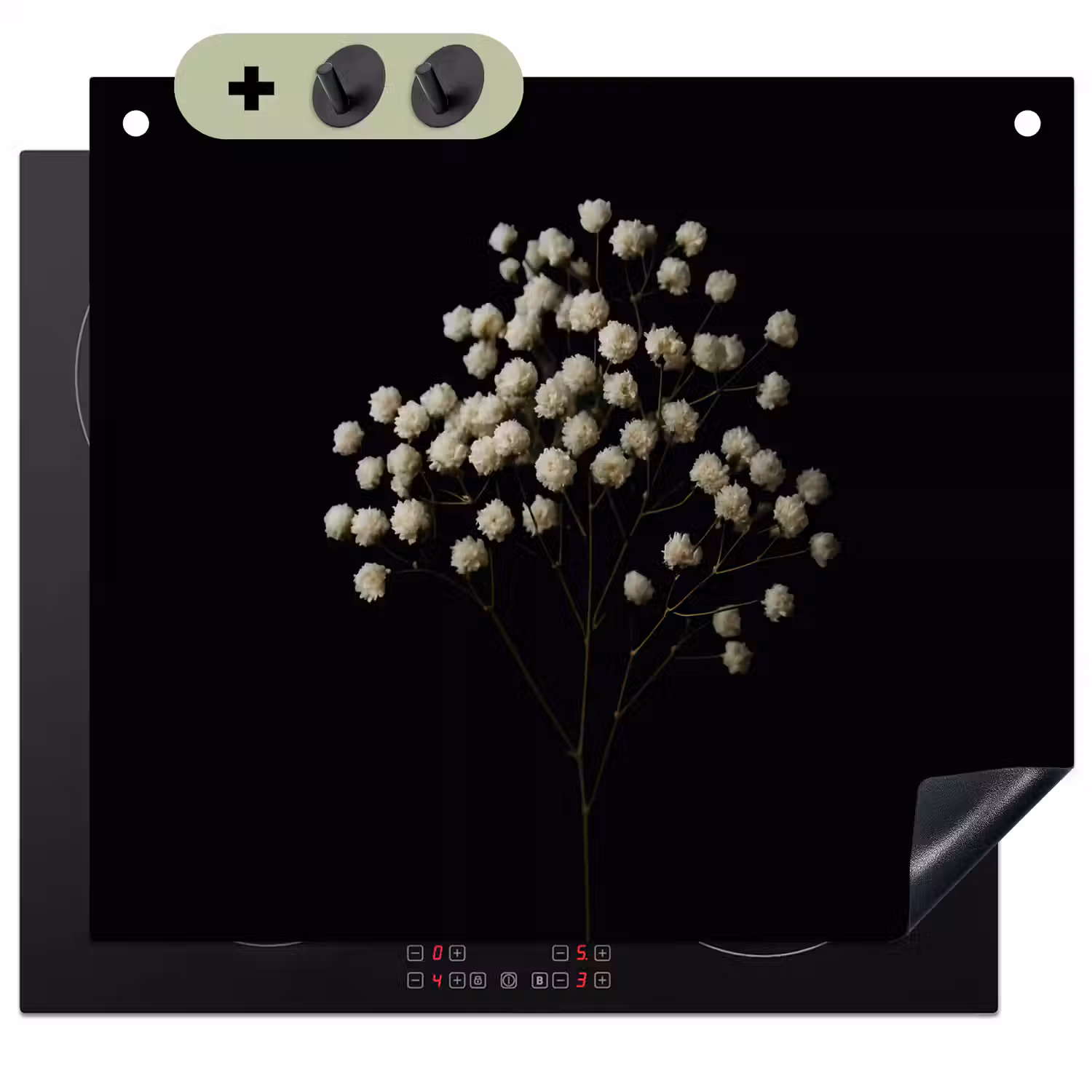 Gipskruid - Bloemetjes - Wit - Minimalistisch Inductie beschemer met haakjes middel -3d
