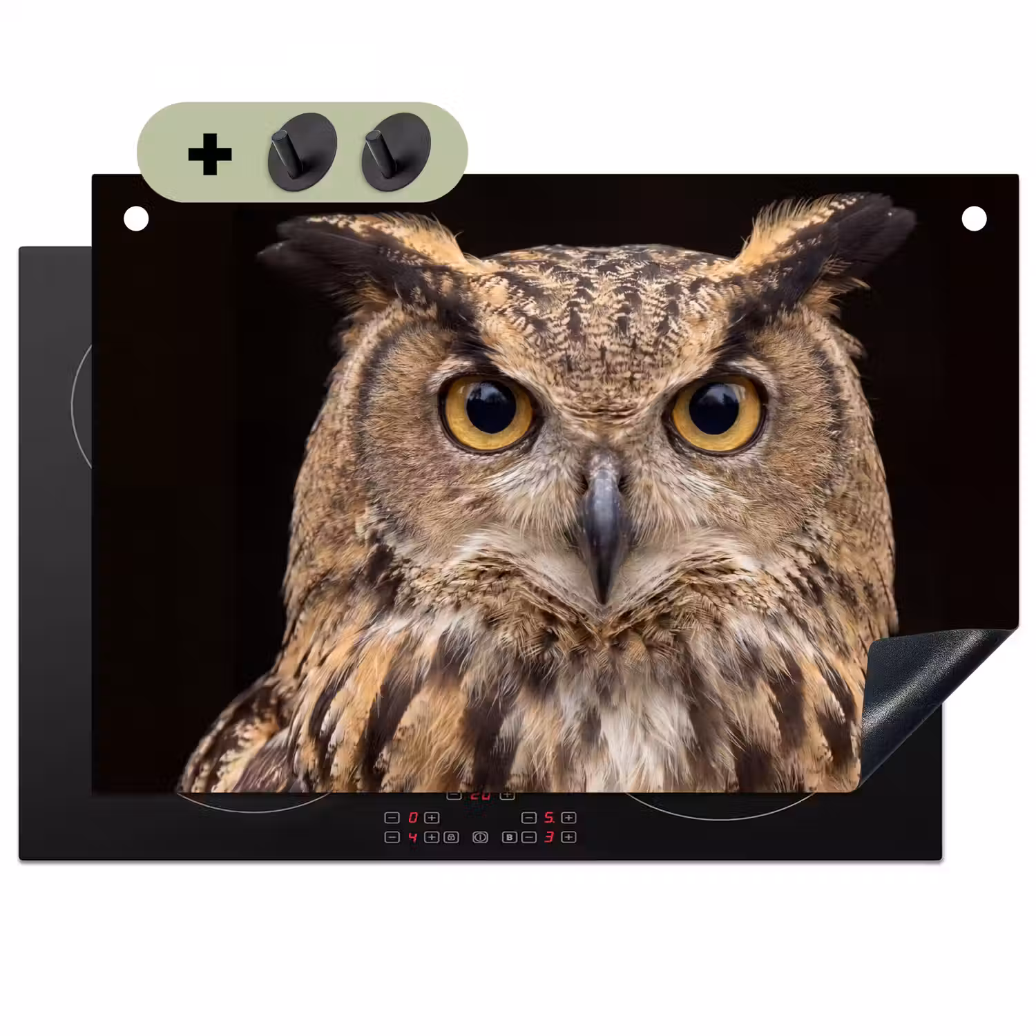 Oehoe - Uil - Portret - Bruin Inductie beschemer met haakjes klein -3d