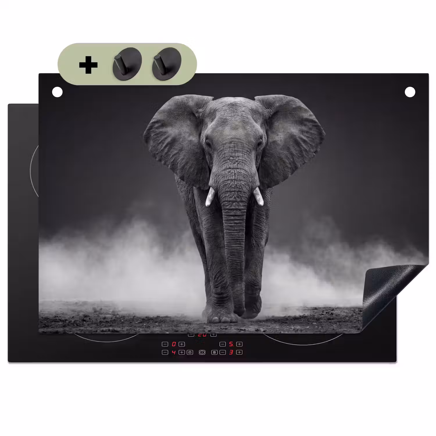 Olifant - Zwart - Wit - Rook Inductie beschemer met haakjes klein -3d