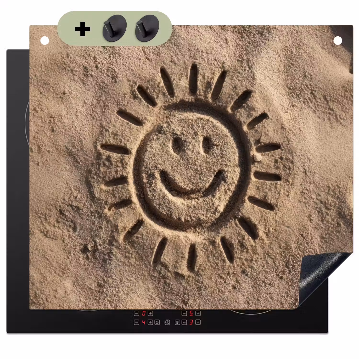 Gezichtje - Zon - Zand - Getekend Inductie beschemer met haakjes middel -3d