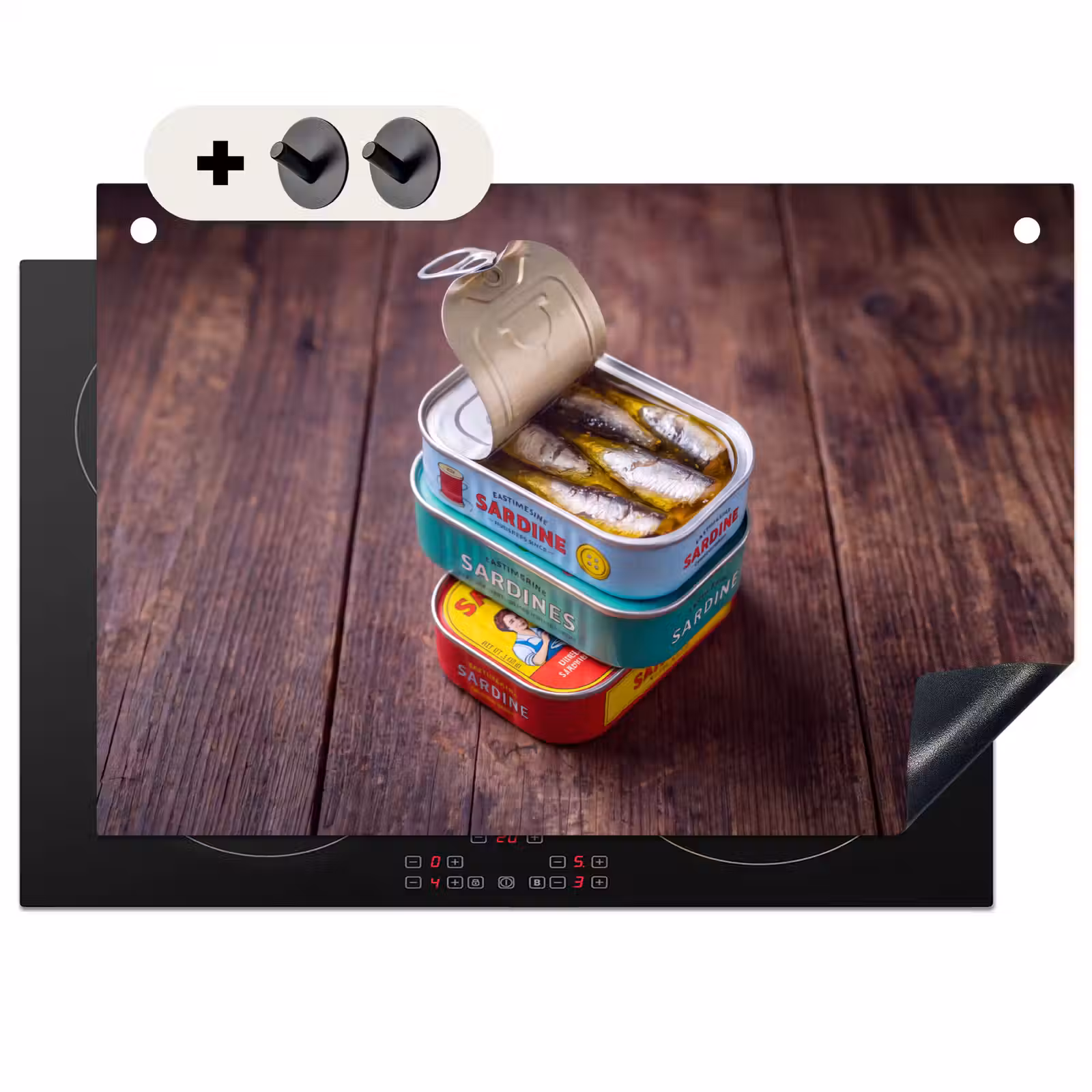 Induction Hob Cover & Splashback (2-in-1) - Fish - Cans - Kitchen - Vis - Blikjes - Keuken Inductie beschemer met haakjes klein