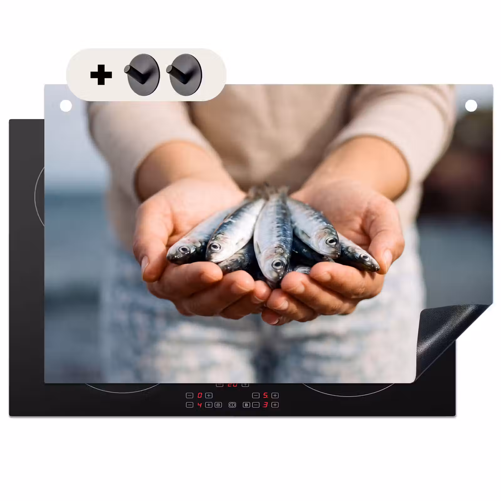 Induction Hob Cover & Splashback (2-in-1) - Fish - Hands - Nature - Vis - Handen - Natuur Inductie beschemer met haakjes klein