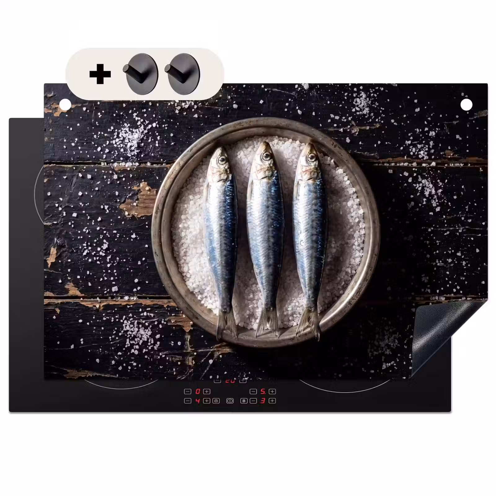 Induction Hob Cover & Splashback (2-in-1) - Fish - Salt - Food - Vis - Zout - Eten Inductie beschemer met haakjes klein