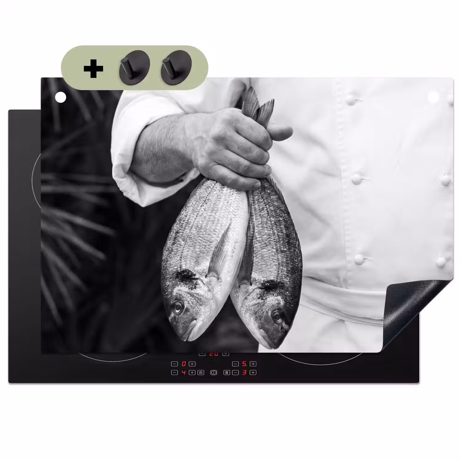 Vissen - Chef - Zwart - Wit Inductie beschemer met haakjes klein -3d