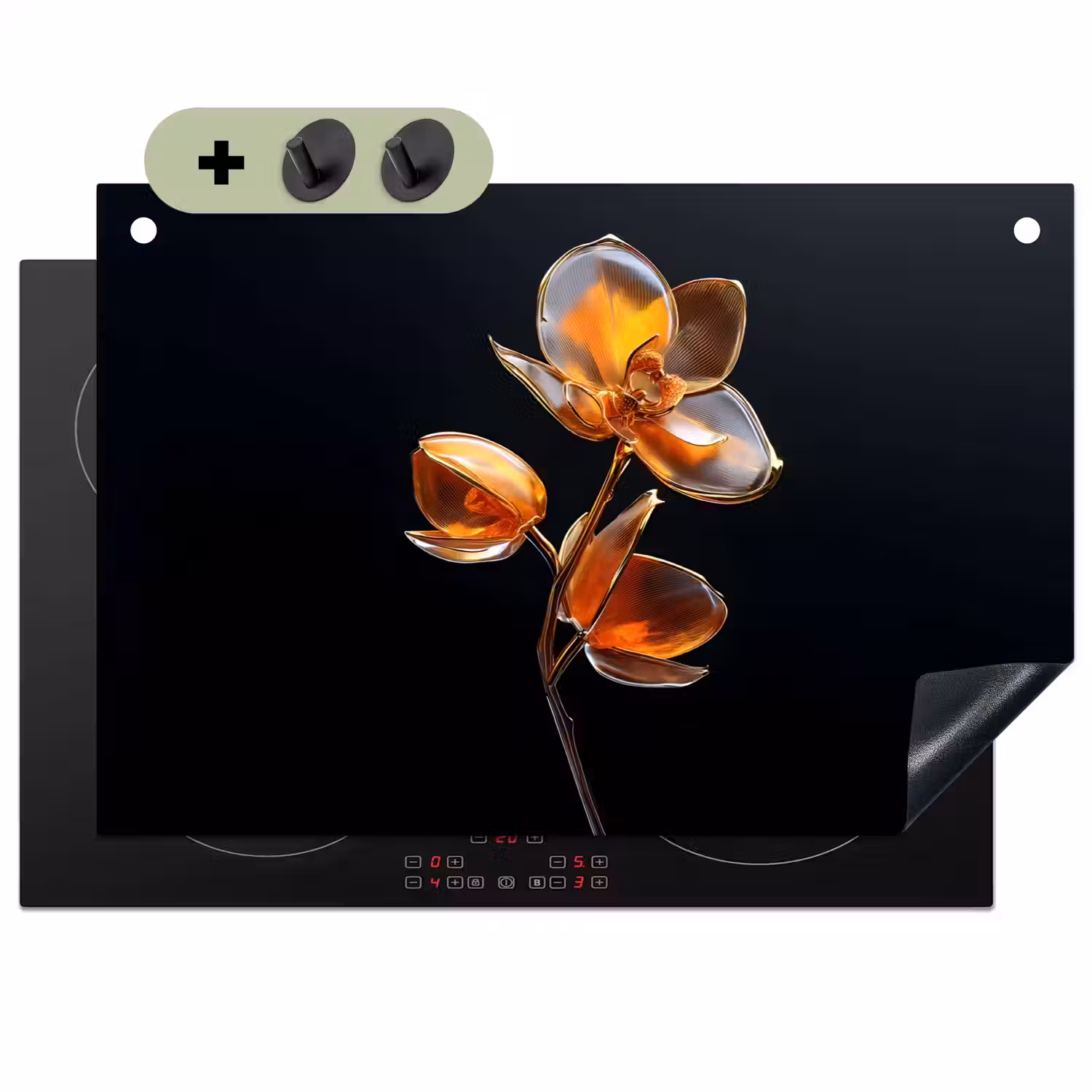 Bloem - Orchidee - Oranje Inductie beschemer met haakjes klein -3d