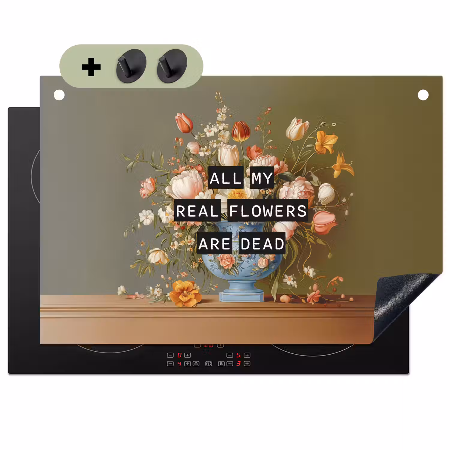 Bloem - Quote - Vintage - Art Inductie beschemer met haakjes klein -3d