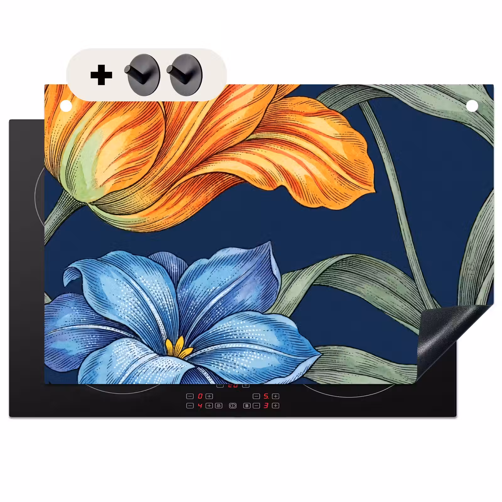 Induction Hob Cover & Splashback (2-in-1) - Flowers - Botanical - Pattern - Bloemen - Botanisch - Patroon Inductie beschemer met haakjes klein