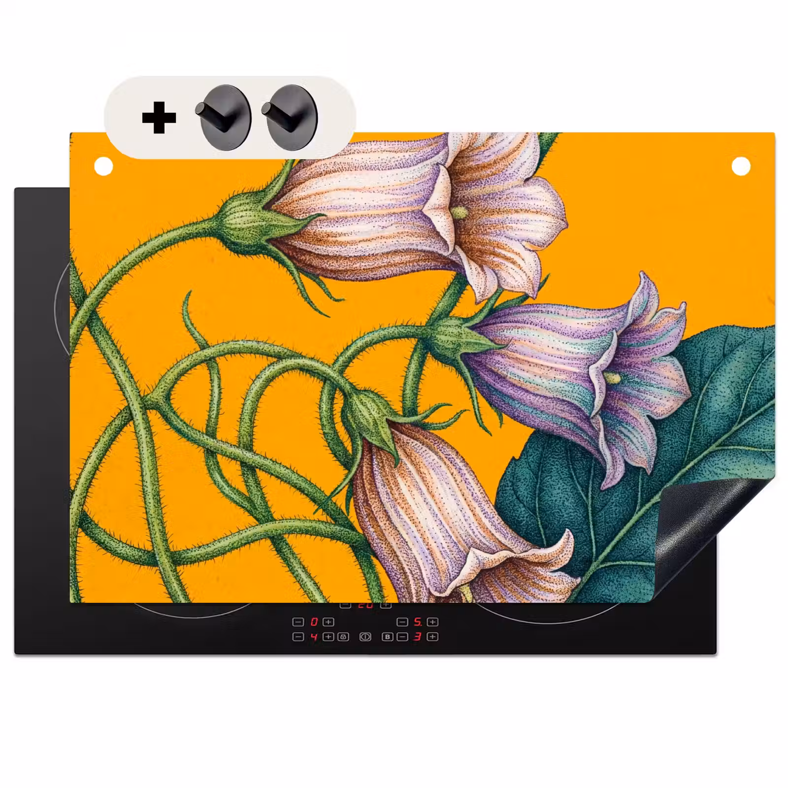 Induction Hob Cover & Splashback (2-in-1) - Flowers - Botanical - Yellow - Bloemen - Botanisch - Geel Inductie beschemer met haakjes klein