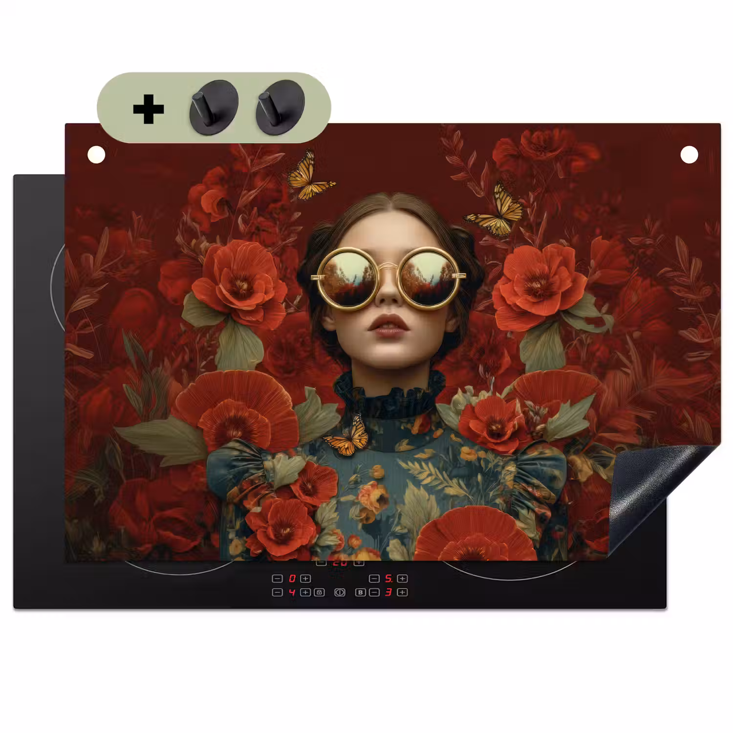 Bloemen - Dieprood - Zonnebril - Vrouw Inductie beschemer met haakjes klein -3d