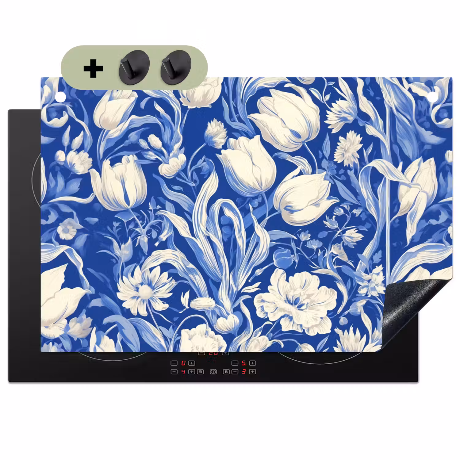 Bloemen - Delfts Blauw - Patroon - Tulp Inductie beschemer met haakjes klein -3d