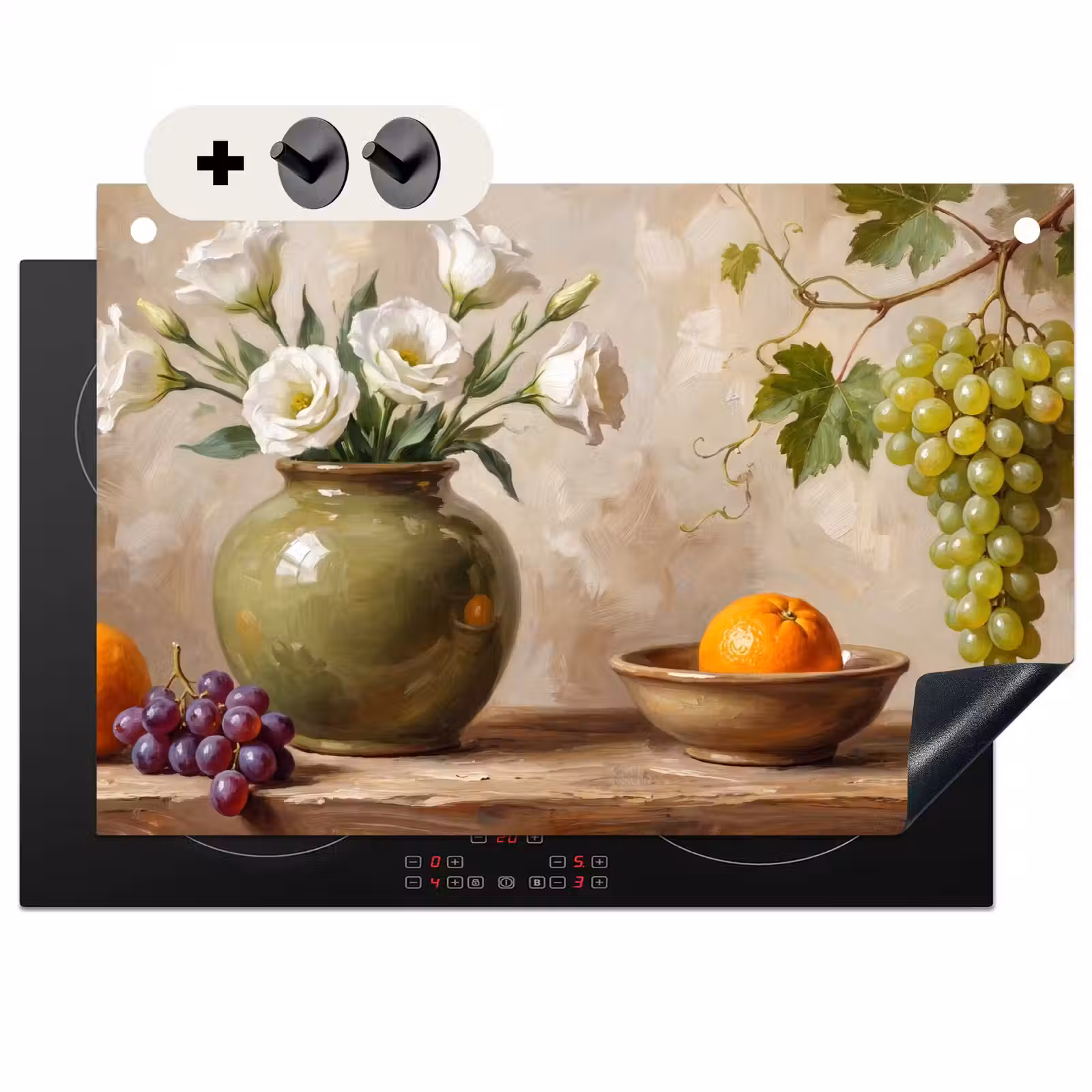 Induction Hob Cover & Splashback (2-in-1) - Flowers - Fruit - Still Life - Bloemen - Fruit - Stilleven Inductie beschemer met haakjes klein